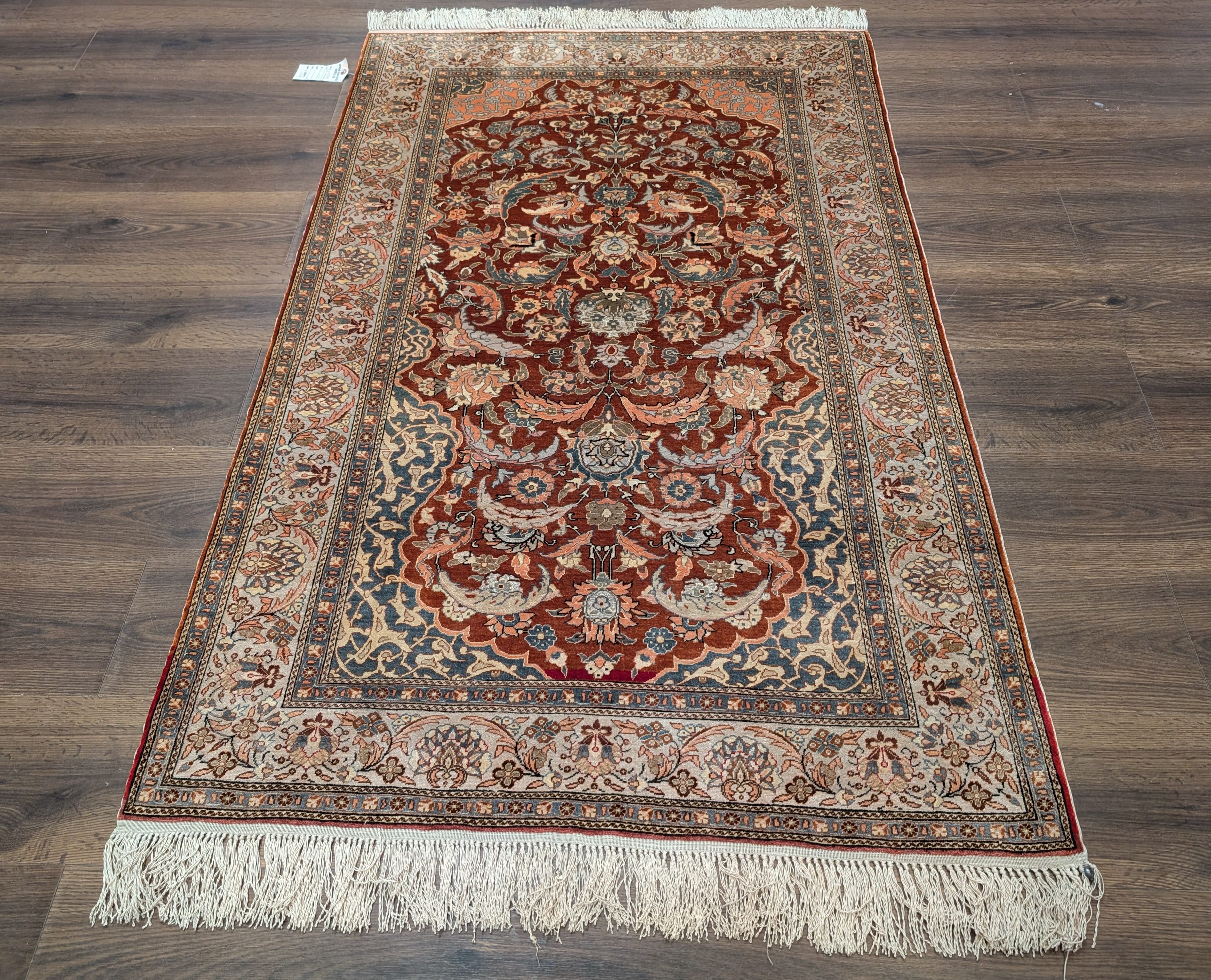 Silk Turkish Hereke Rug 3x5, Fine Hand-Knotted Silk Carpet, Rust Red & Green - Jewel Rugs