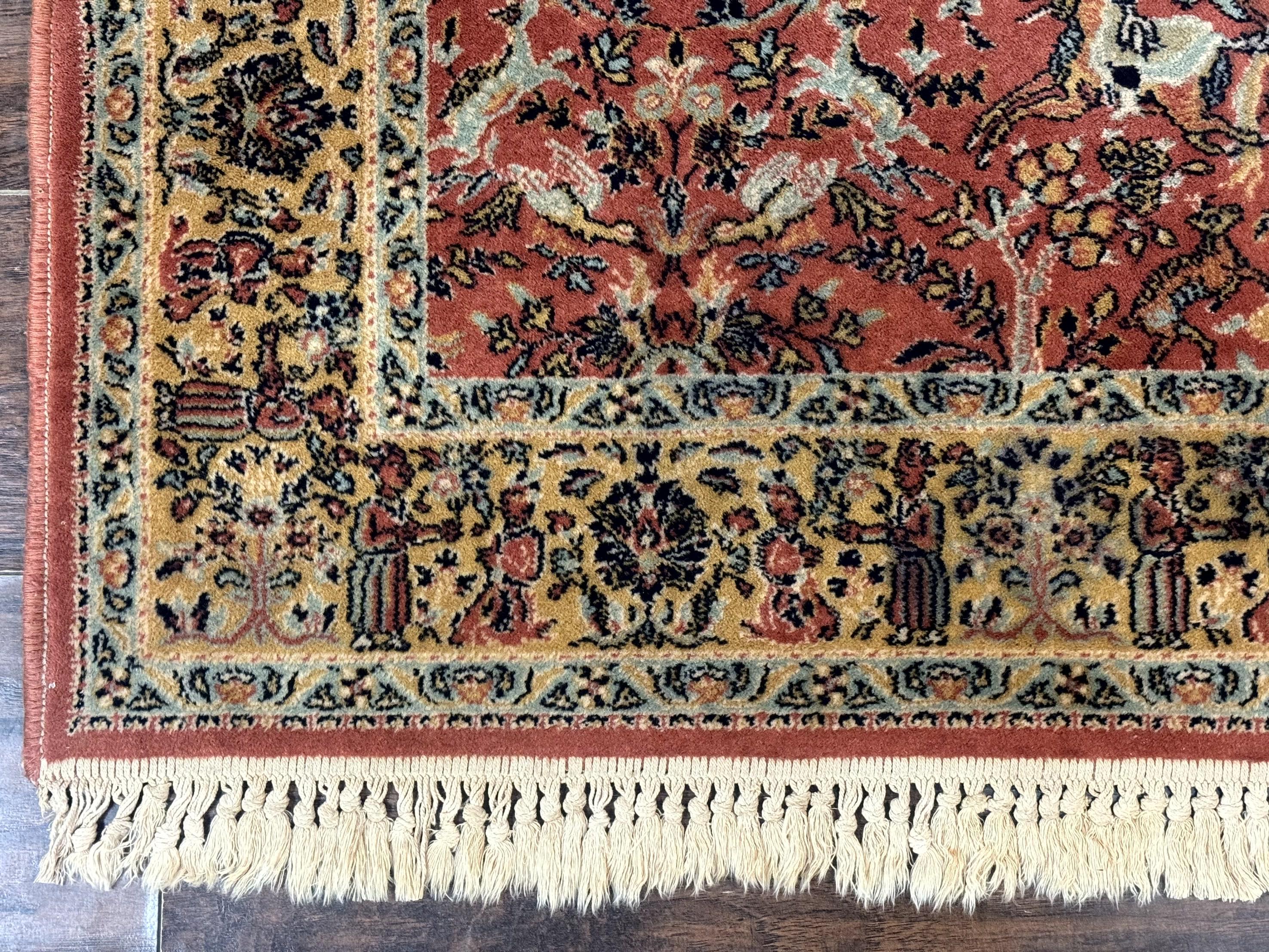 Persian Hunting Design Rug 4.7 x 6.5, Hunting Scene, Red-Orange, Wool, Belgian Power Loomed Carpet - Jewel Rugs