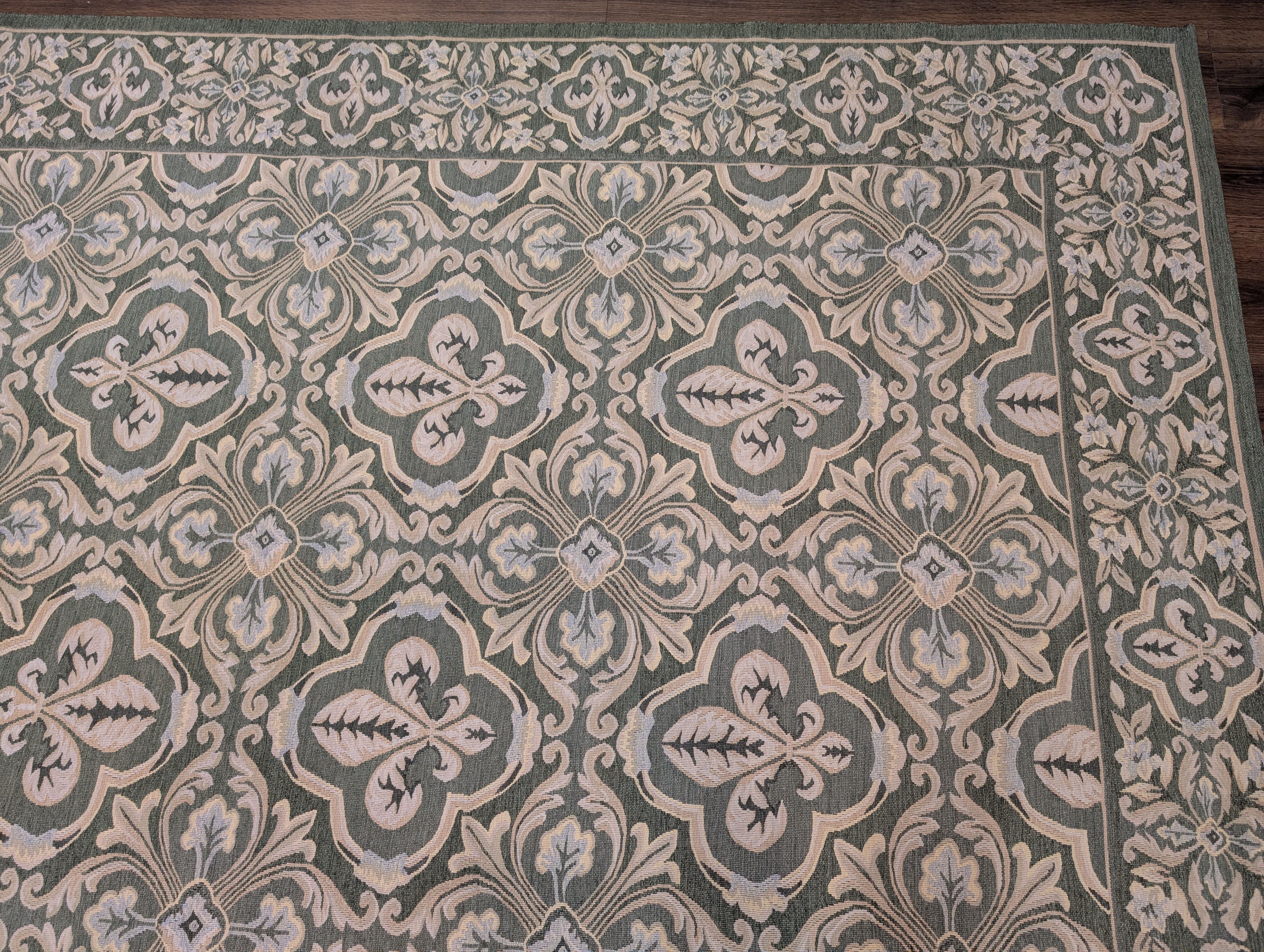 Green Aubusson Rug 9x12, European Design, Wool - Jewel Rugs