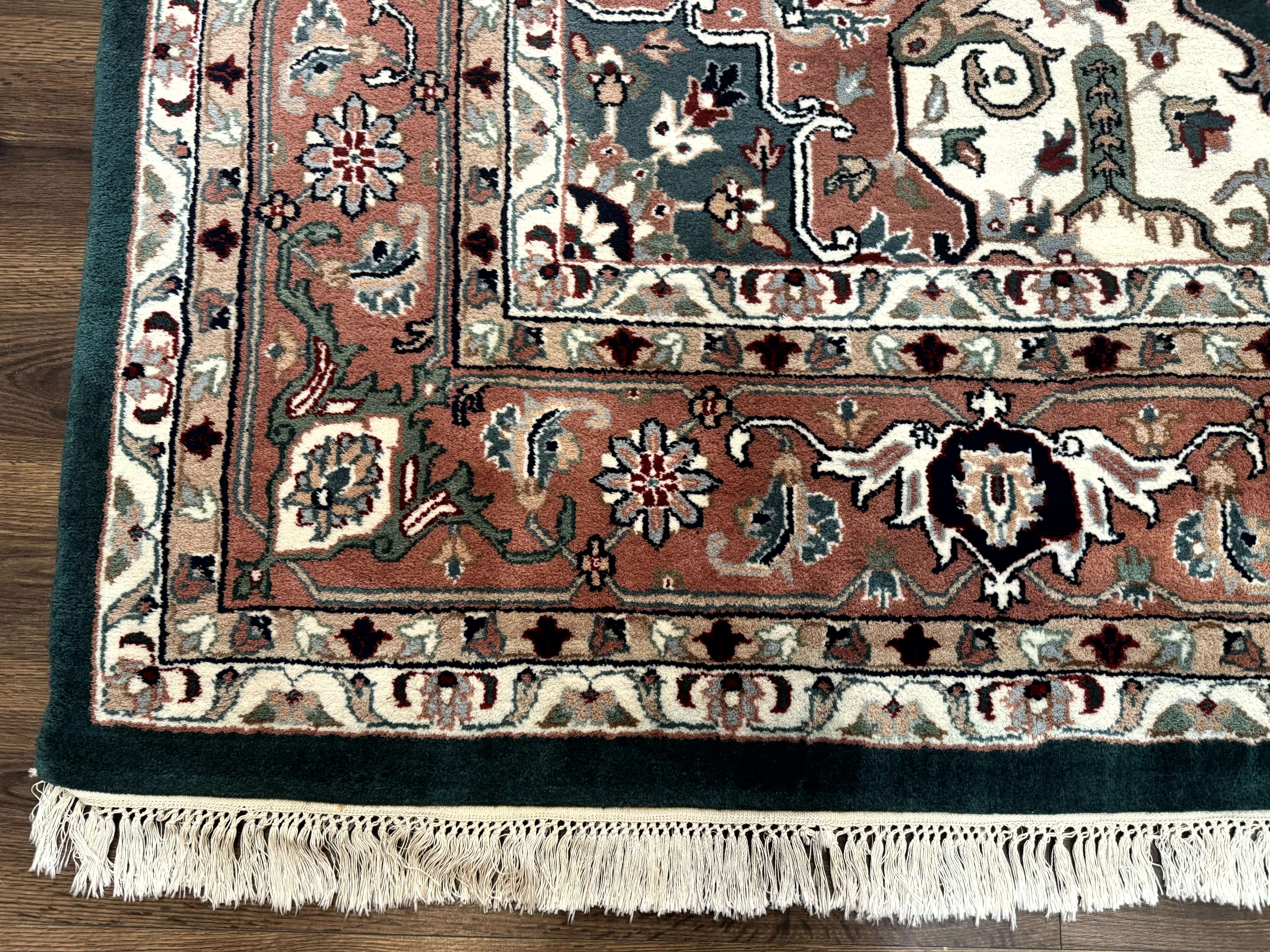 Indo Persian Heriz Rug 9x12, Dark Green & Ivory, Wool Hand Knotted Carpet - Jewel Rugs