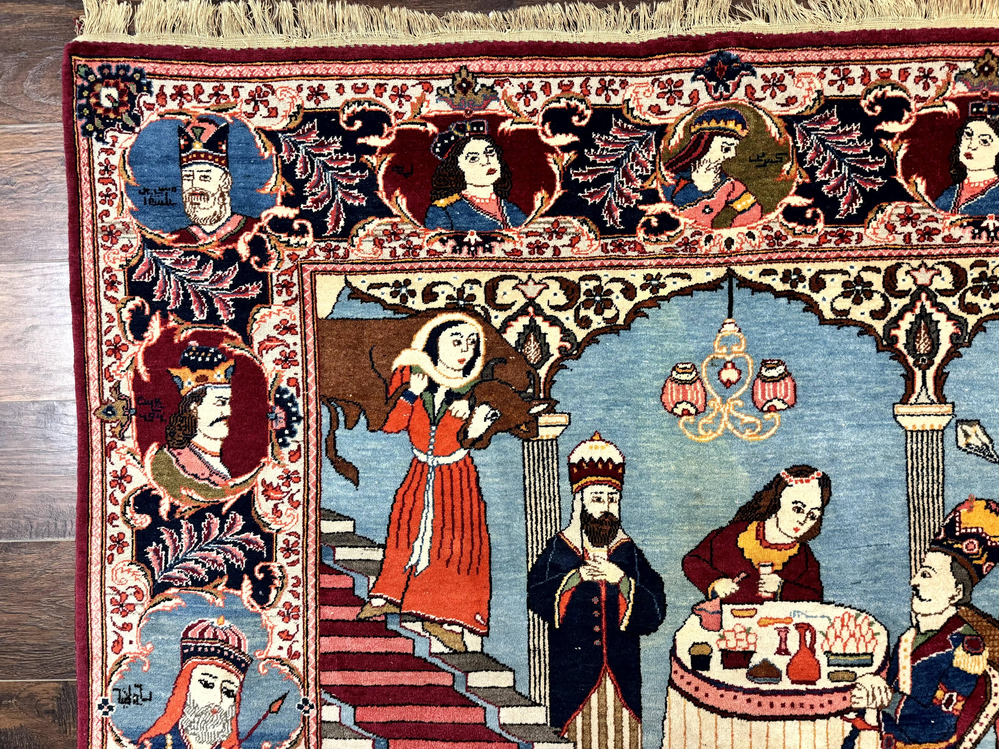 Rare Persian Kashan Pictorial Rug 6x9, King Bahram Hunting Scene, Persian Kings, Hand Knotted Persian Rug for Wall Hanging, Antique, Wool - Jewel Rugs