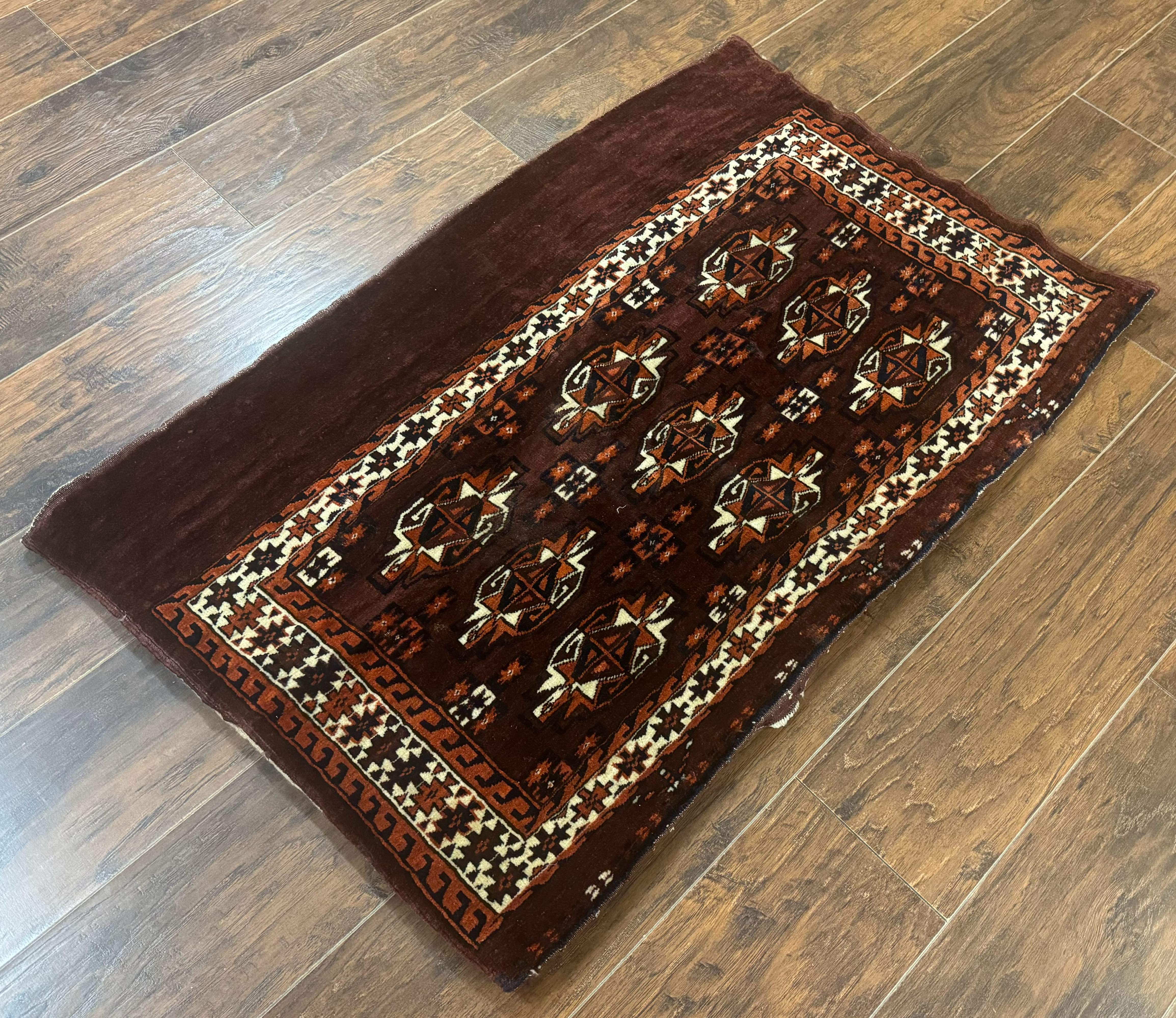 Persian Turkoman Yamud Cushion Cover Rug 3x4 – Burgundy and Ivory, Hand-Knotted Wool Antique - Jewel Rugs