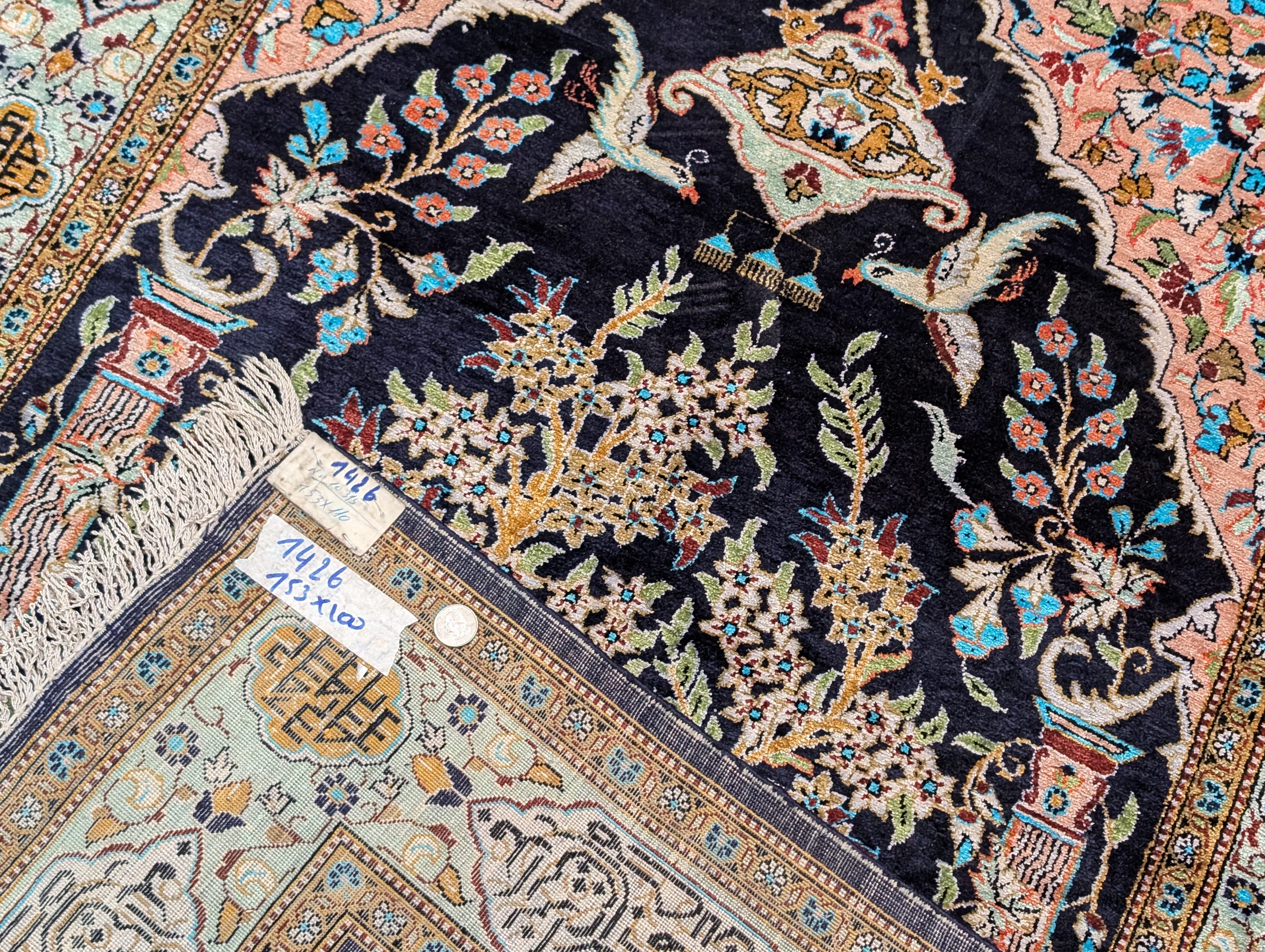 Wonderful Silk Persian Rug 4x5, Tree of Life Carpet, Qum Rug, Prayer Rug, Bird Pictorials - Jewel Rugs