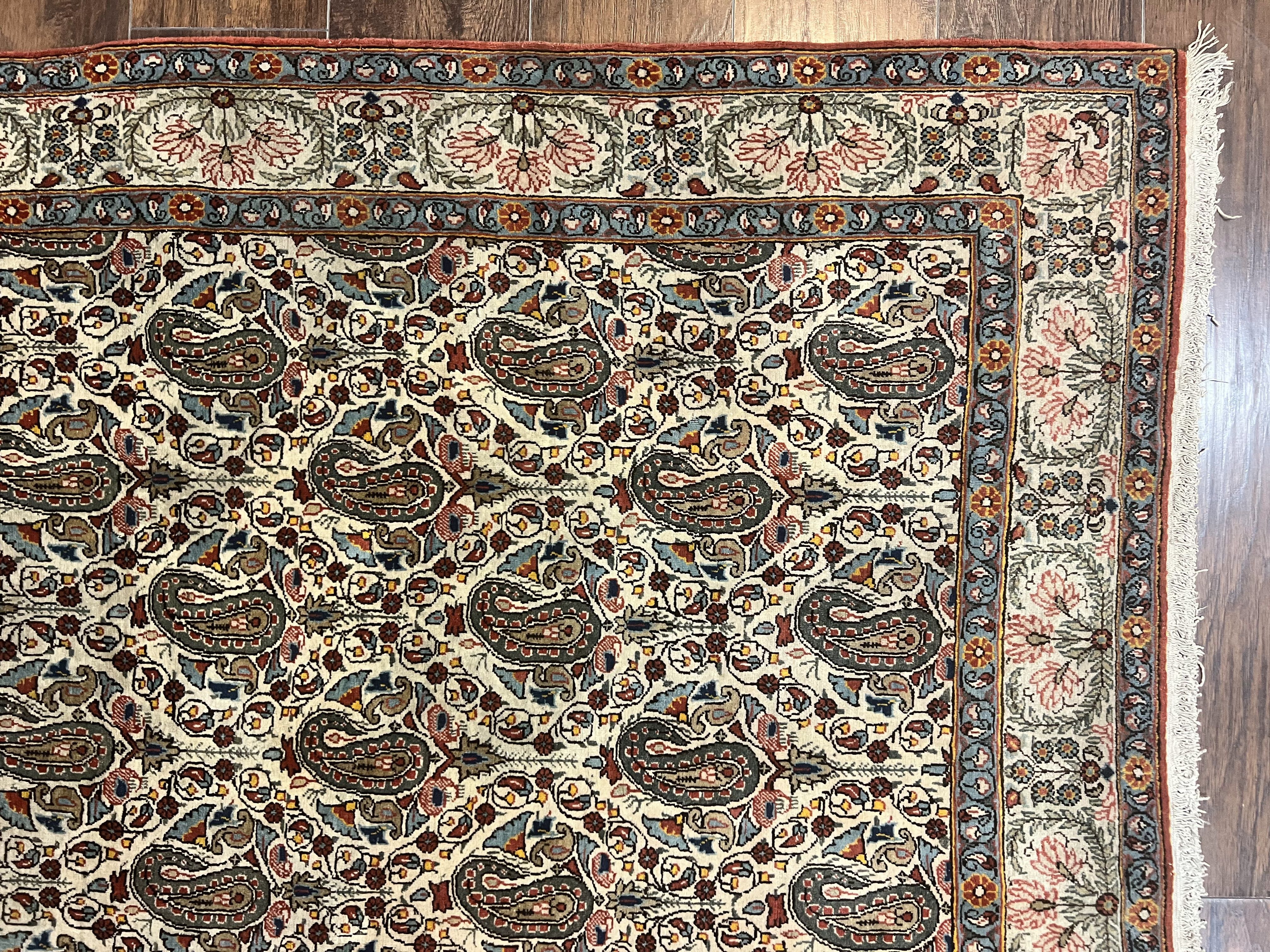 Persian Qum Rug 5x6, Cream Wool Hand Knotted Carpet, Repeated Boteh Paisely Design, Semi Antique Vintage Rug, Very Fine Weave 5 x 6 Rug - Jewel Rugs