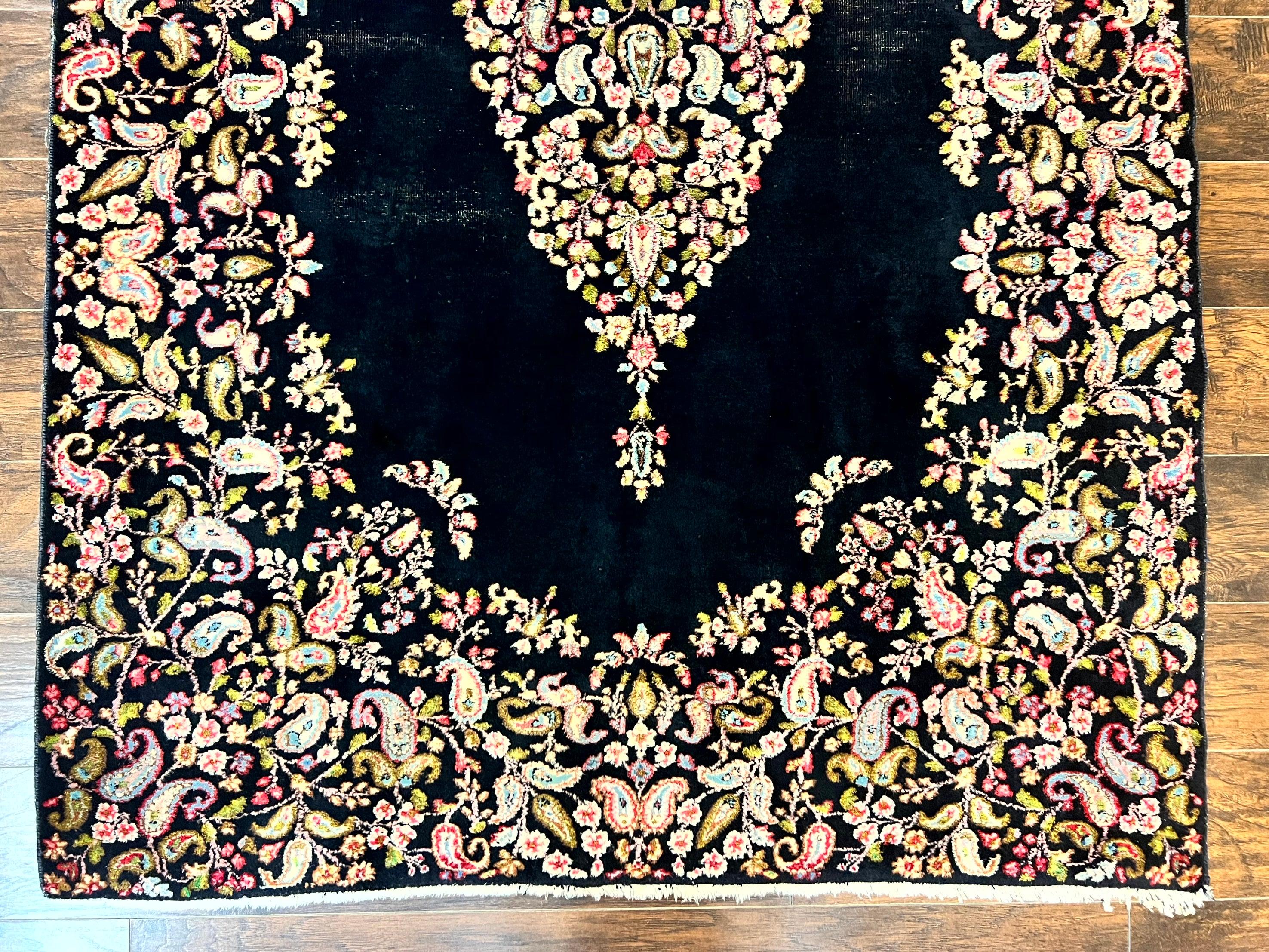 Antique Persian Kirman Rug 5x8, Floral Kirman, Midnight Blue/Black, Semi Open Field, Handmade Vintage Wool Carpet - Jewel Rugs