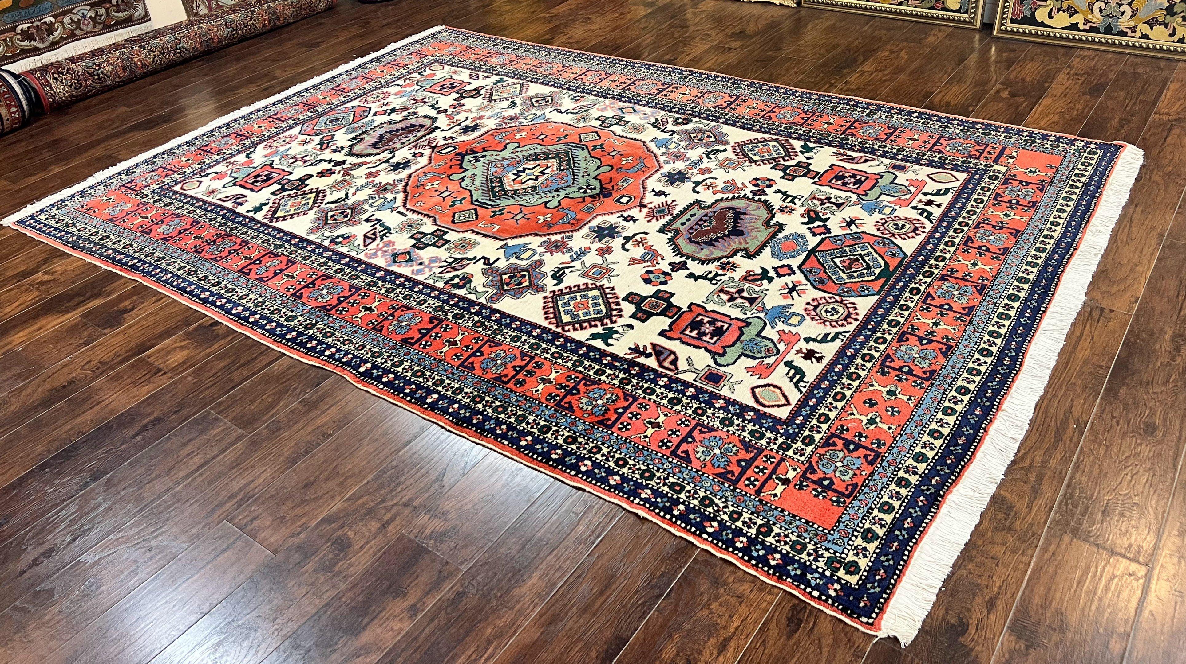 Persian Tribal Rug 8x11, Persian Ardabil Rug, Geometric Medallion Animal Pictorial Rug, Ivory Red Blue, Hand Knotted Vintage Wool Carpet - Jewel Rugs