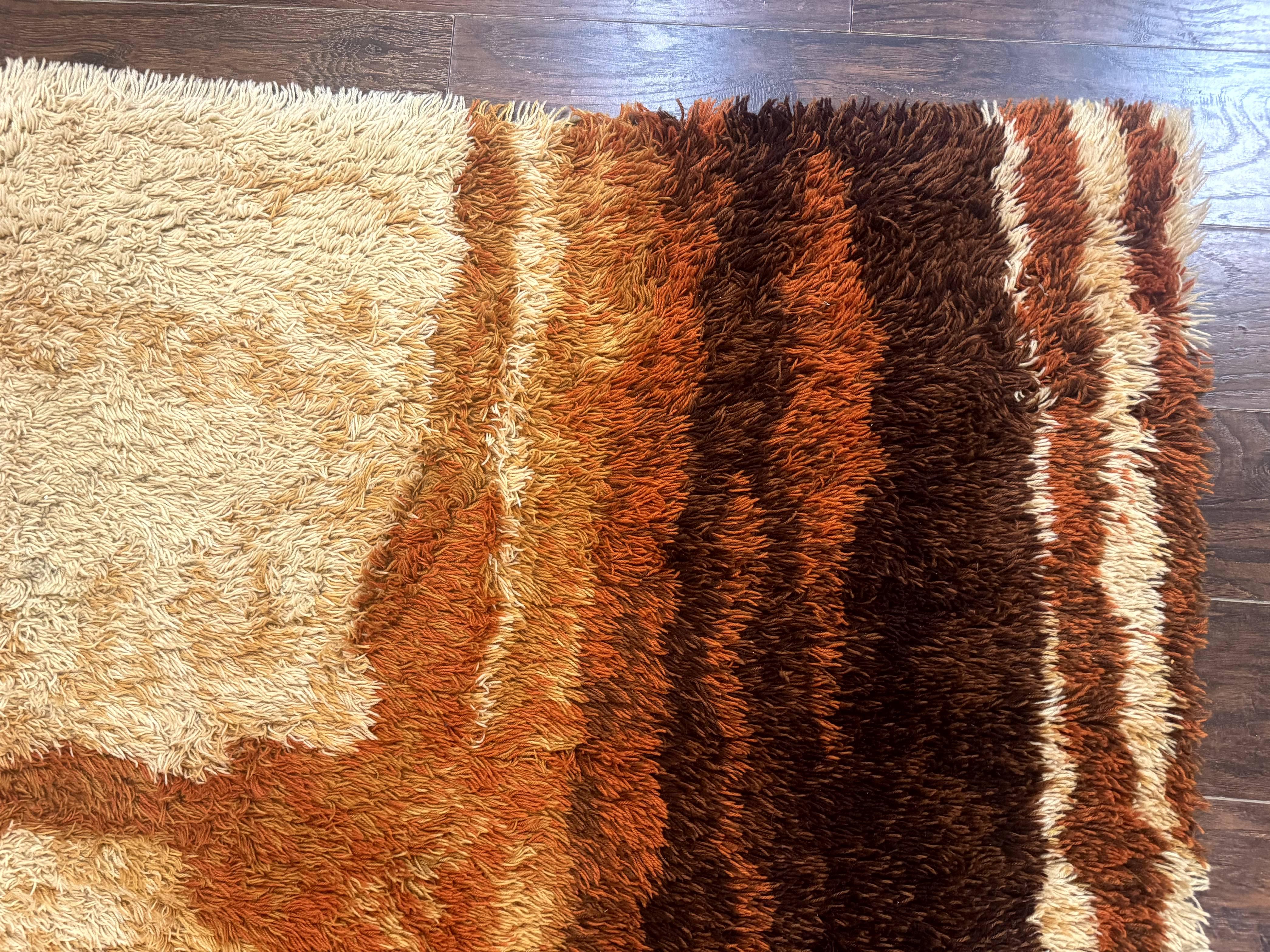 Danish Rya Shag Rug, Mid Century Modern Vintage Retro Abstract Carpet, 5x6, Shades of Brown Cream and Orange - Jewel Rugs