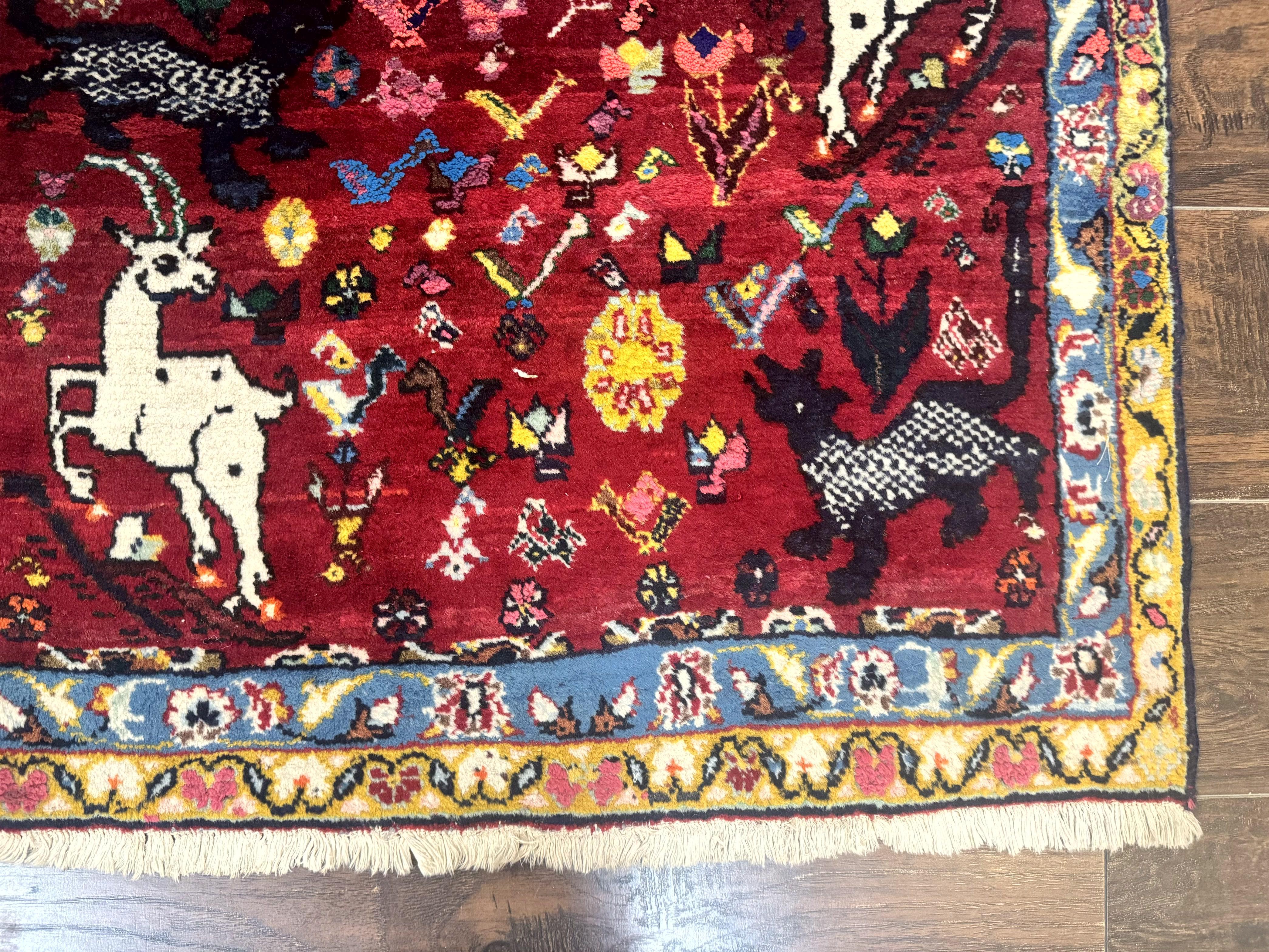 Persian Gabbeh Rug 3x5, Animal Pictorials, Wool and Silk, Handmade Vintage Small Rug, Red - Jewel Rugs