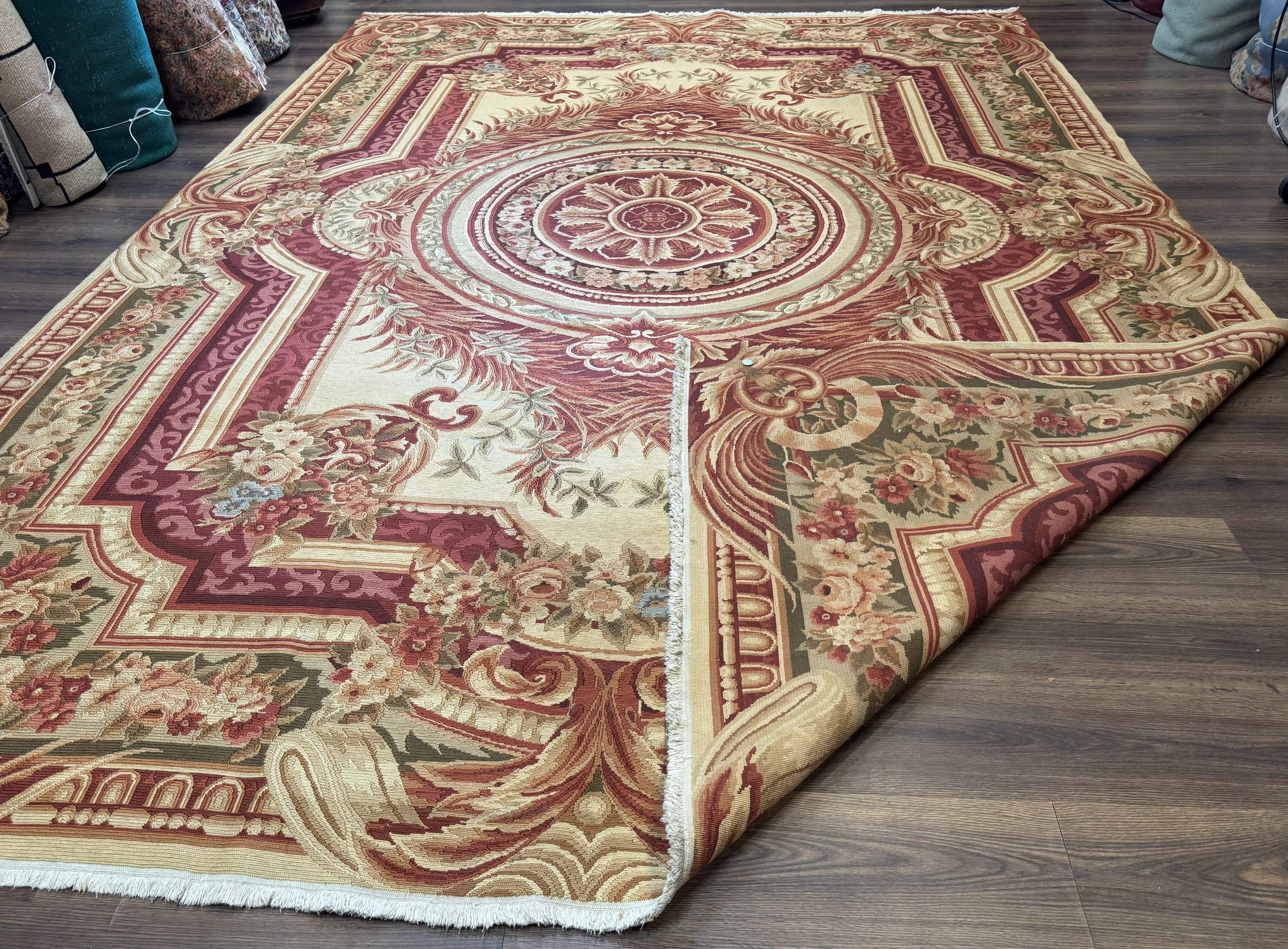 Large Aubusson Rug 10x13, Thick Flatweave Carpet, Elegant European Design, Cream and Raspberry - Jewel Rugs