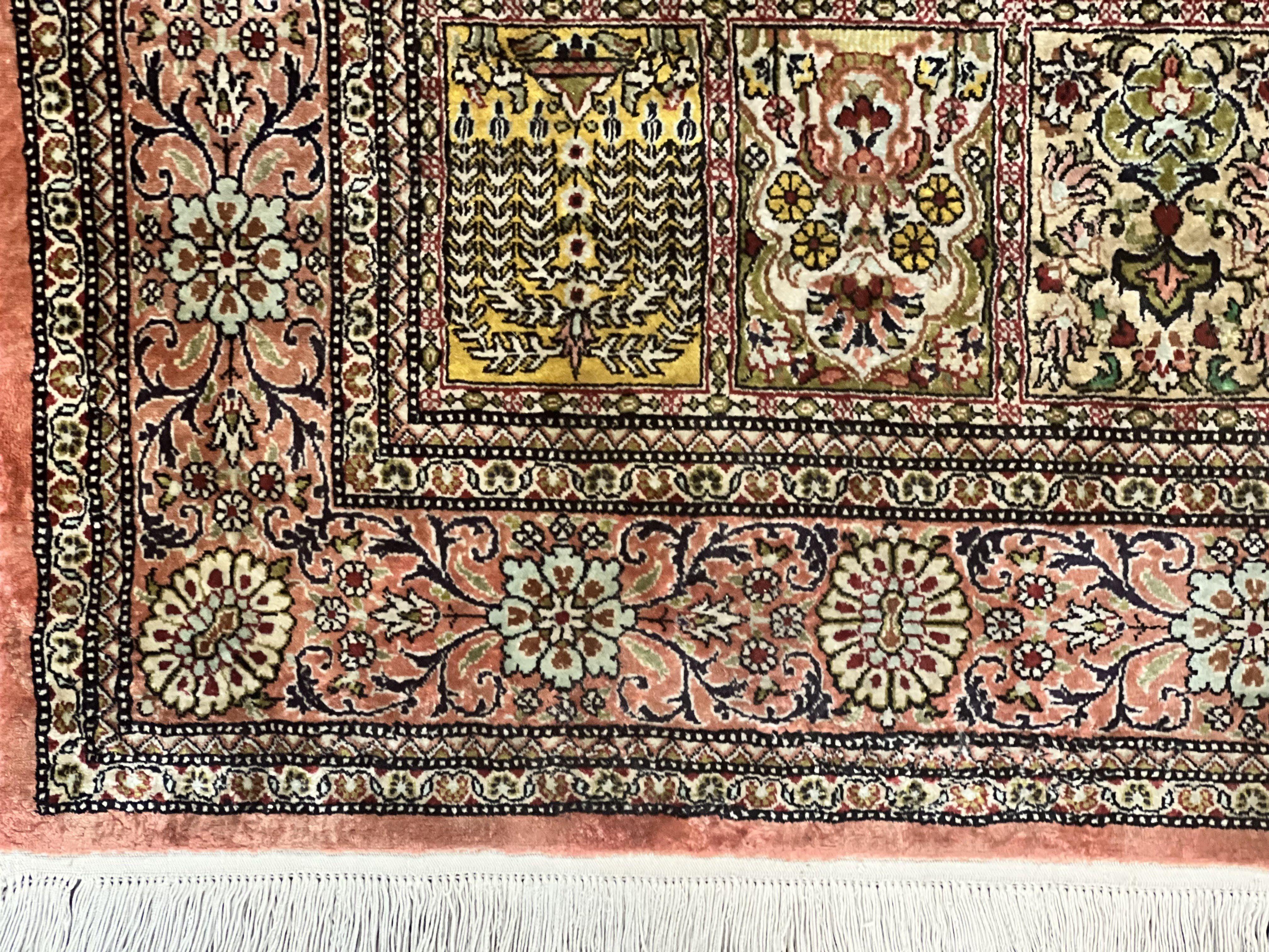 Magnificent Persian Silk Rug 3.7 x 5, Persian Qum Rug, Panel Design, Kheshti Garden, Extremely Fine 650 KPSI - 70 Raj, Hand Knotted, Vintage, Multicolor - Jewel Rugs