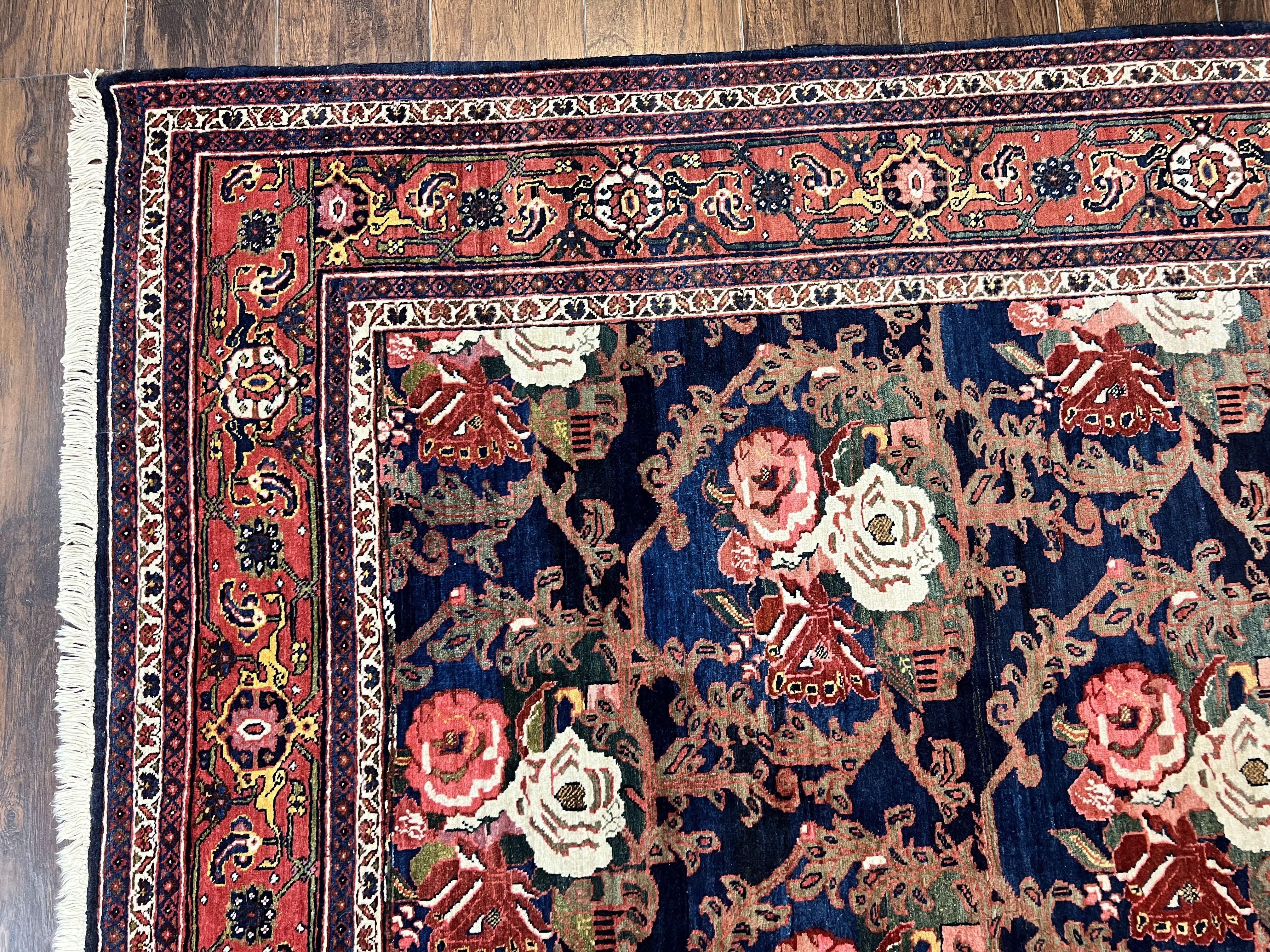 Persian Bidjar Rug 8x11, Floral Bouquets, Blue Black Red Pink, Handmade Hand Knotted Vintage Semi Antique Oriental Carpet - Jewel Rugs