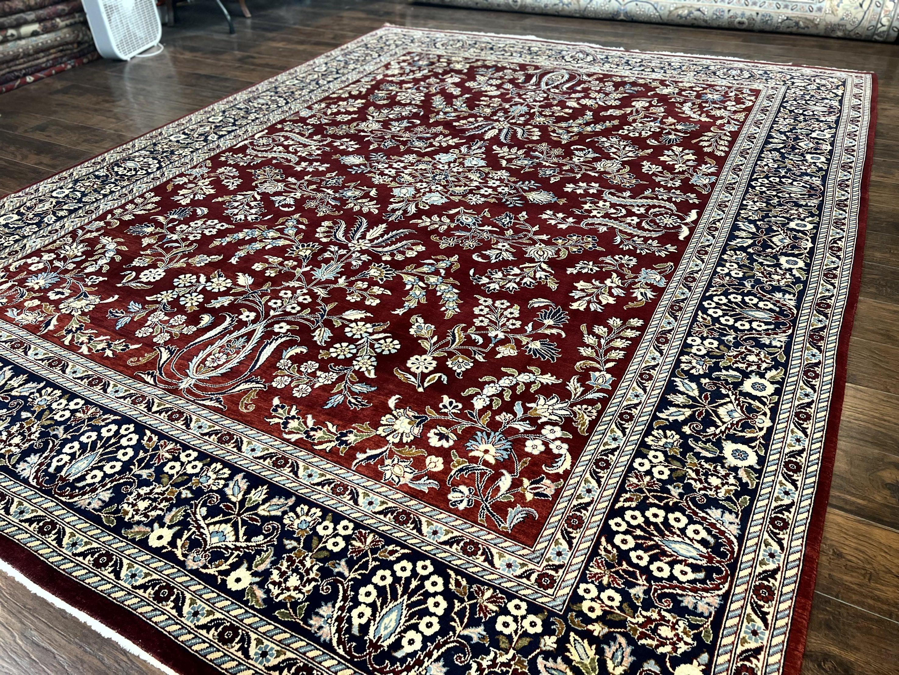 Indo Persian Sarouk Rug 9x12, Floral Allover, Dark Red & Navy Blue, Handmade Vintage Wool Carpet - Jewel Rugs