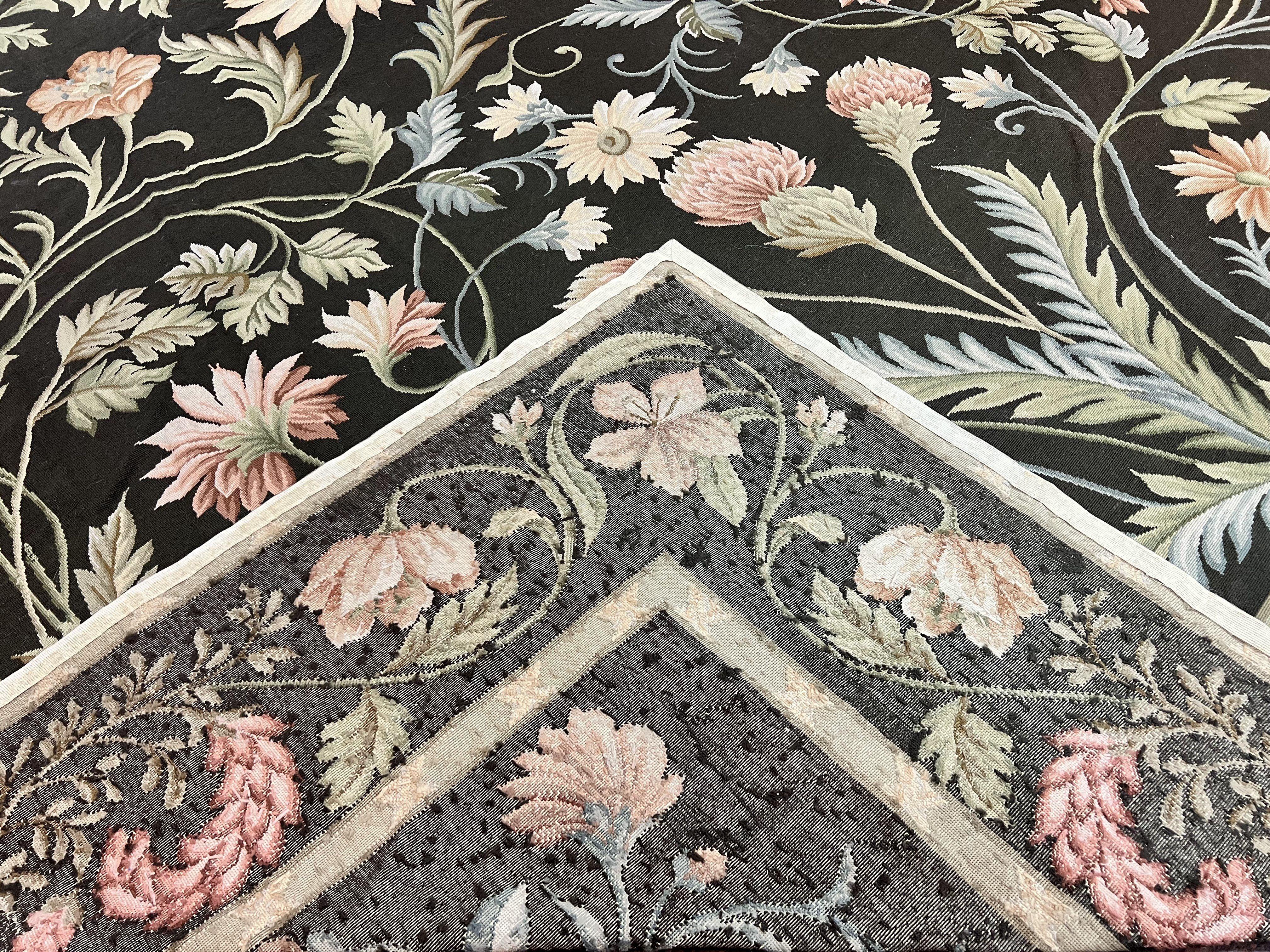 Large Needlepoint Rug 11x16, Dark Green Floral Elegant European Design Vintage Wool Handmade Carpet, Palace Size Rug - Jewel Rugs