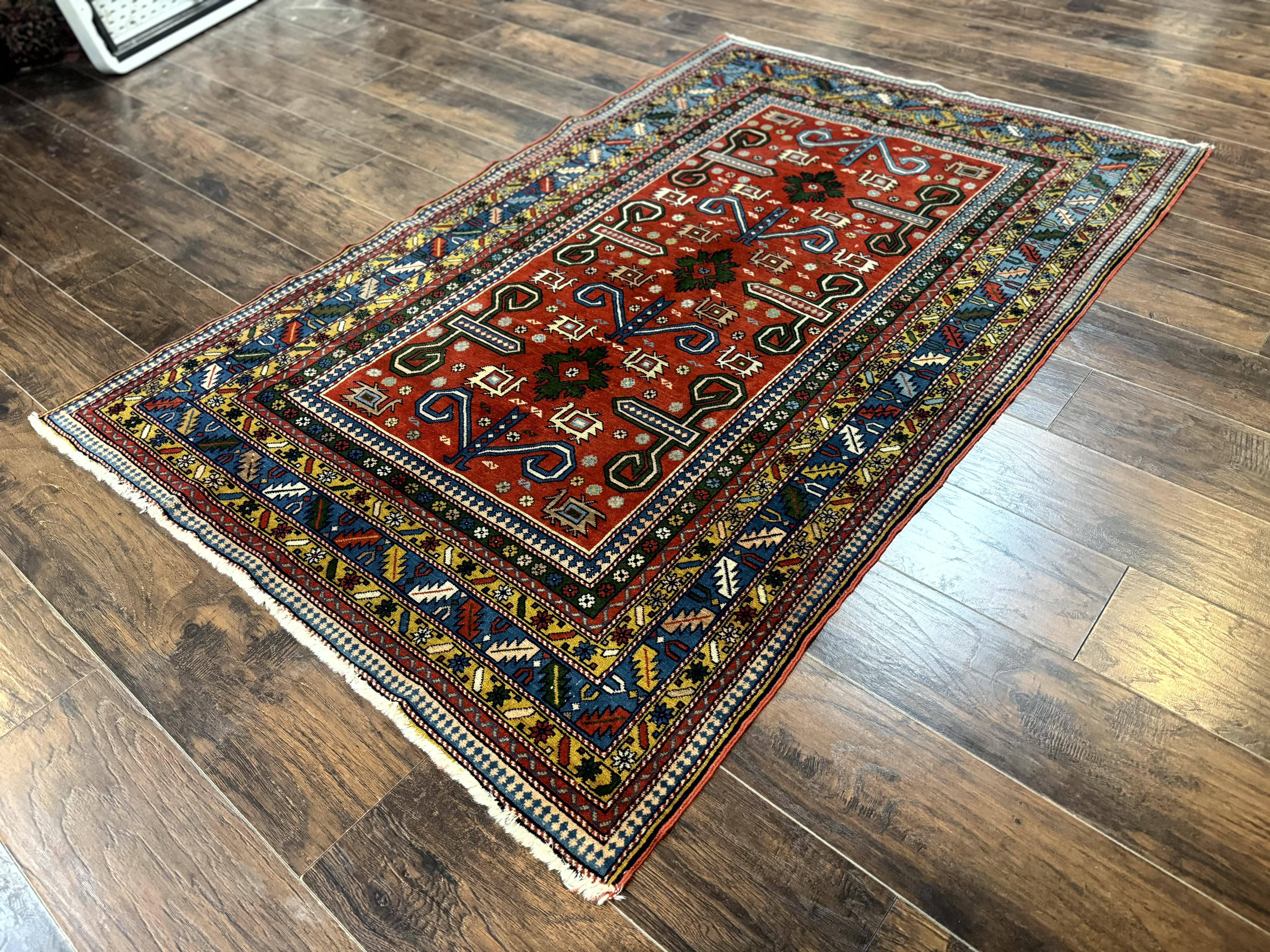Colorful Persian Ardabil Rug 4x7, Red Blue Gold, Geometric Caucasian Design, Vintage - Jewel Rugs