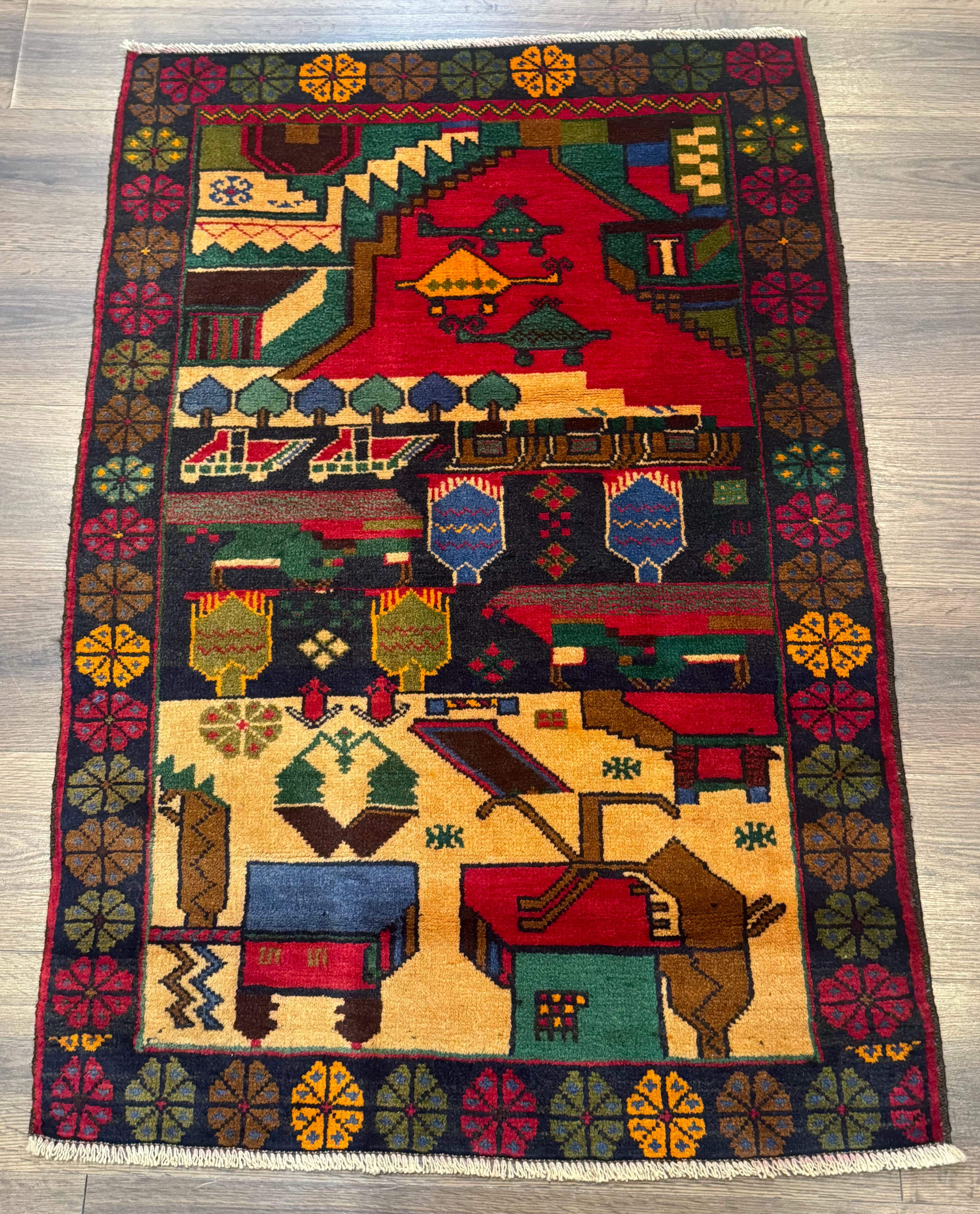 Afghan War Rug 3x4 ft, Hand-Knotted Wool Colorful Carpet - Jewel Rugs