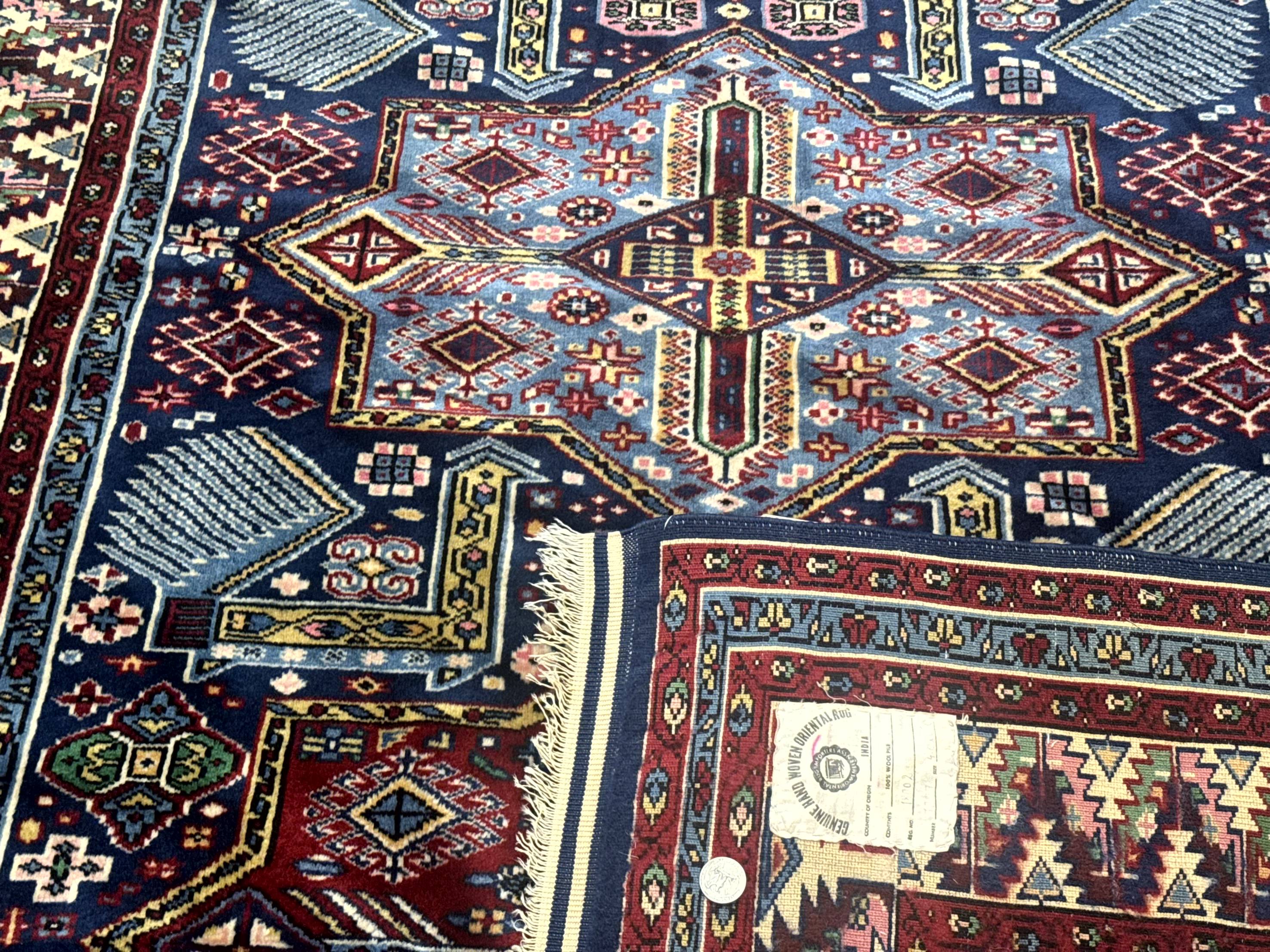 Indian Rug with Caucasian Design, 4x6 Geometric Carpet, Navy Blue and Cream - Jewel Rugs