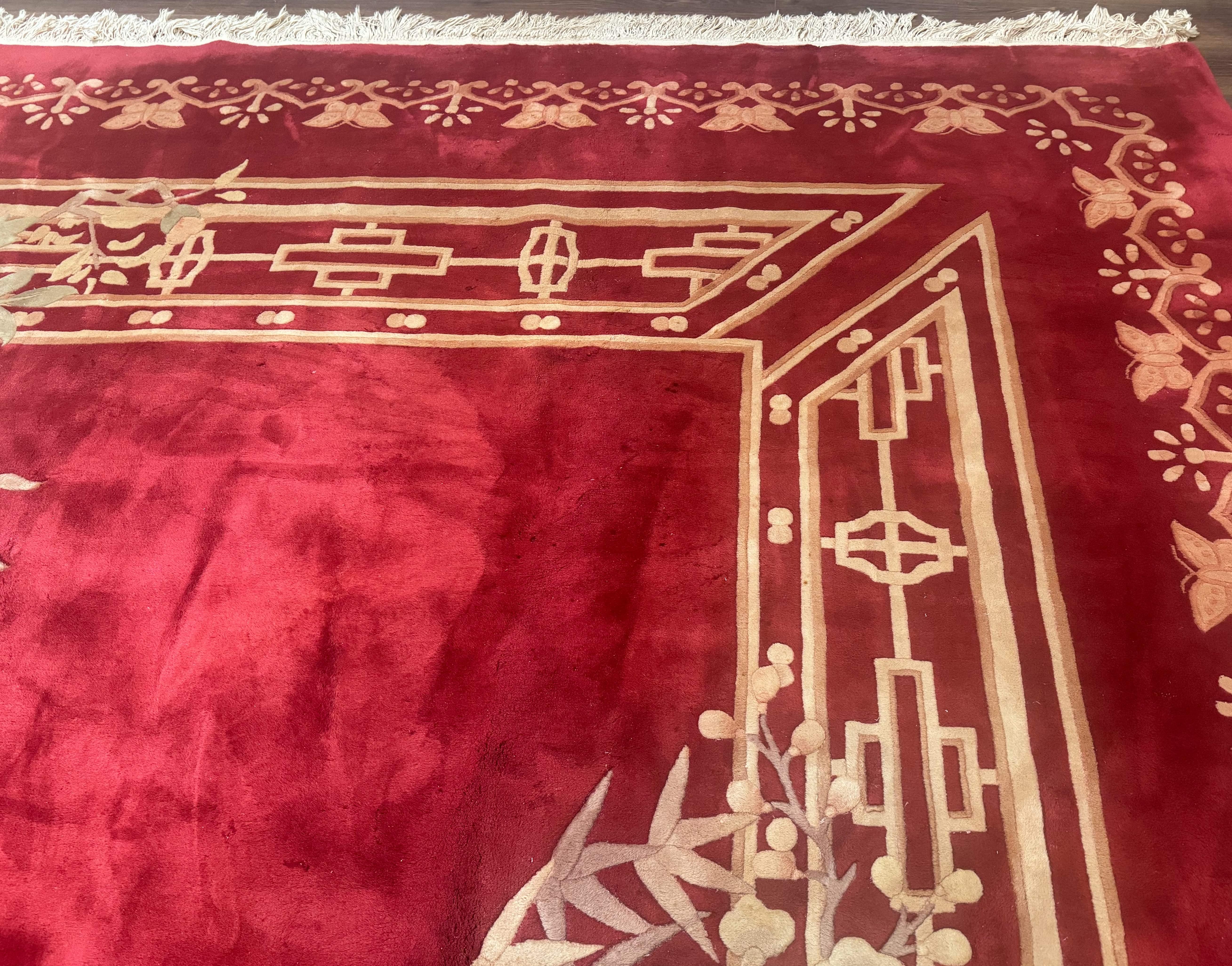 Palace Size Chinese Wool Rug 12x18, Red Art Deco Chinese Carving Carpet, Butterflies Flowers - Jewel Rugs