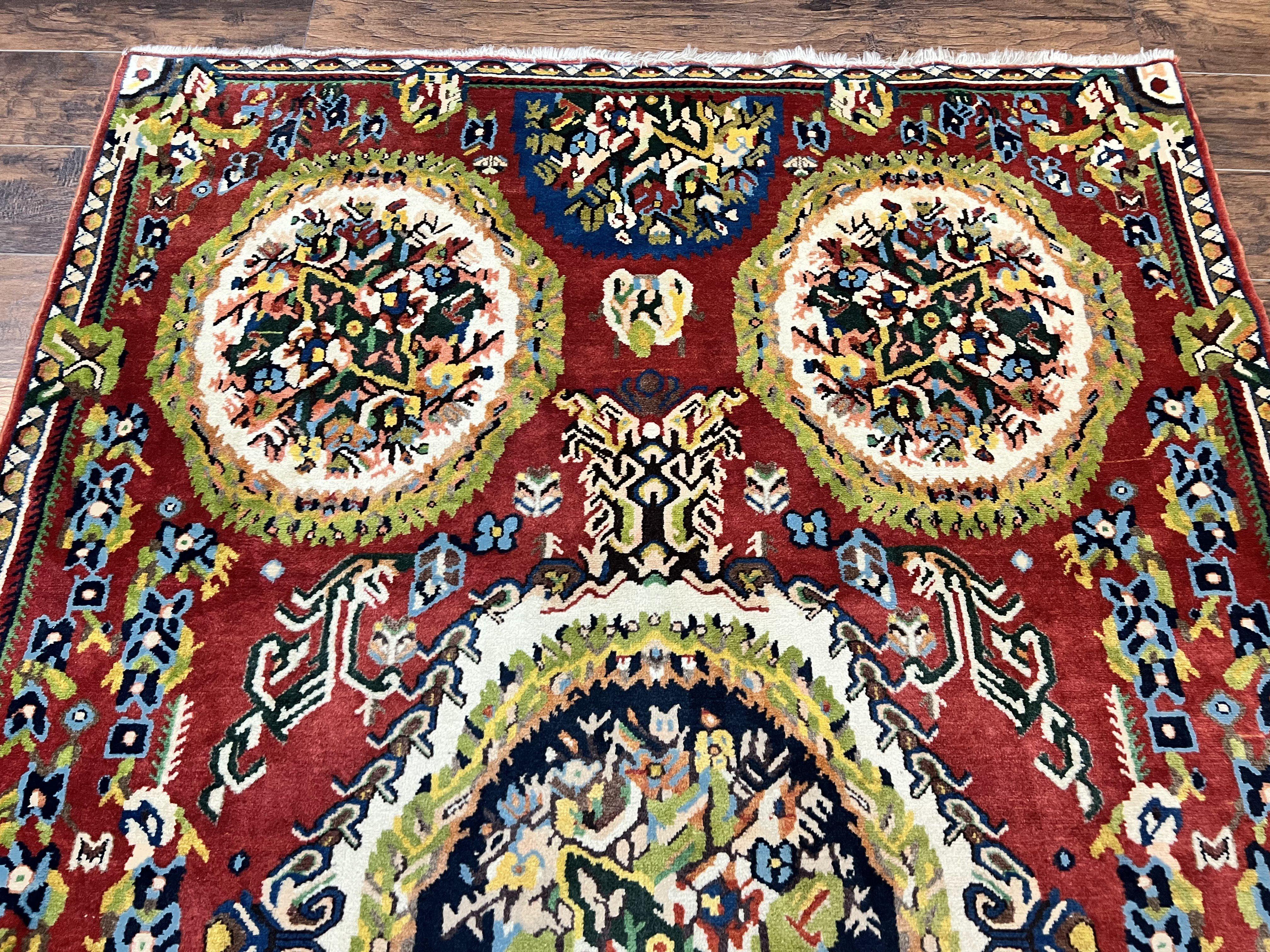 Persian Bakhtiari Rug 5x8, Wool Hand Knotted Antique Carpet, Red, Floral Oriental Rug, 5 x 8 Medium Sized Rug - Jewel Rugs