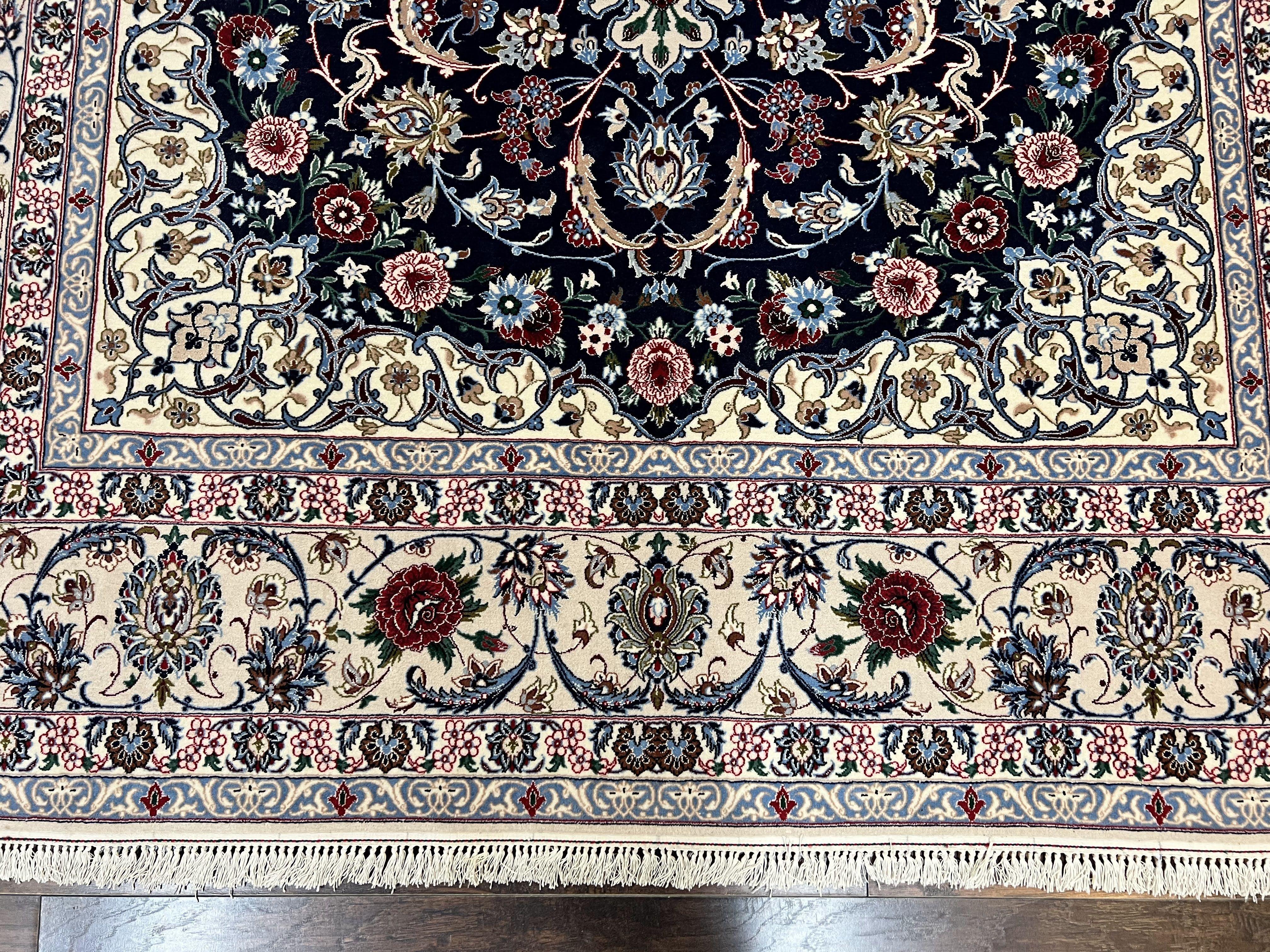 Marvelous Persian Isfahan Rug 7x10, Super Fine Hand Knotted Wool Oriental Carpet 7 x 10 ft, Navy Blue Ivory, Floral Medallion, Semi Antique Vintage - Jewel Rugs