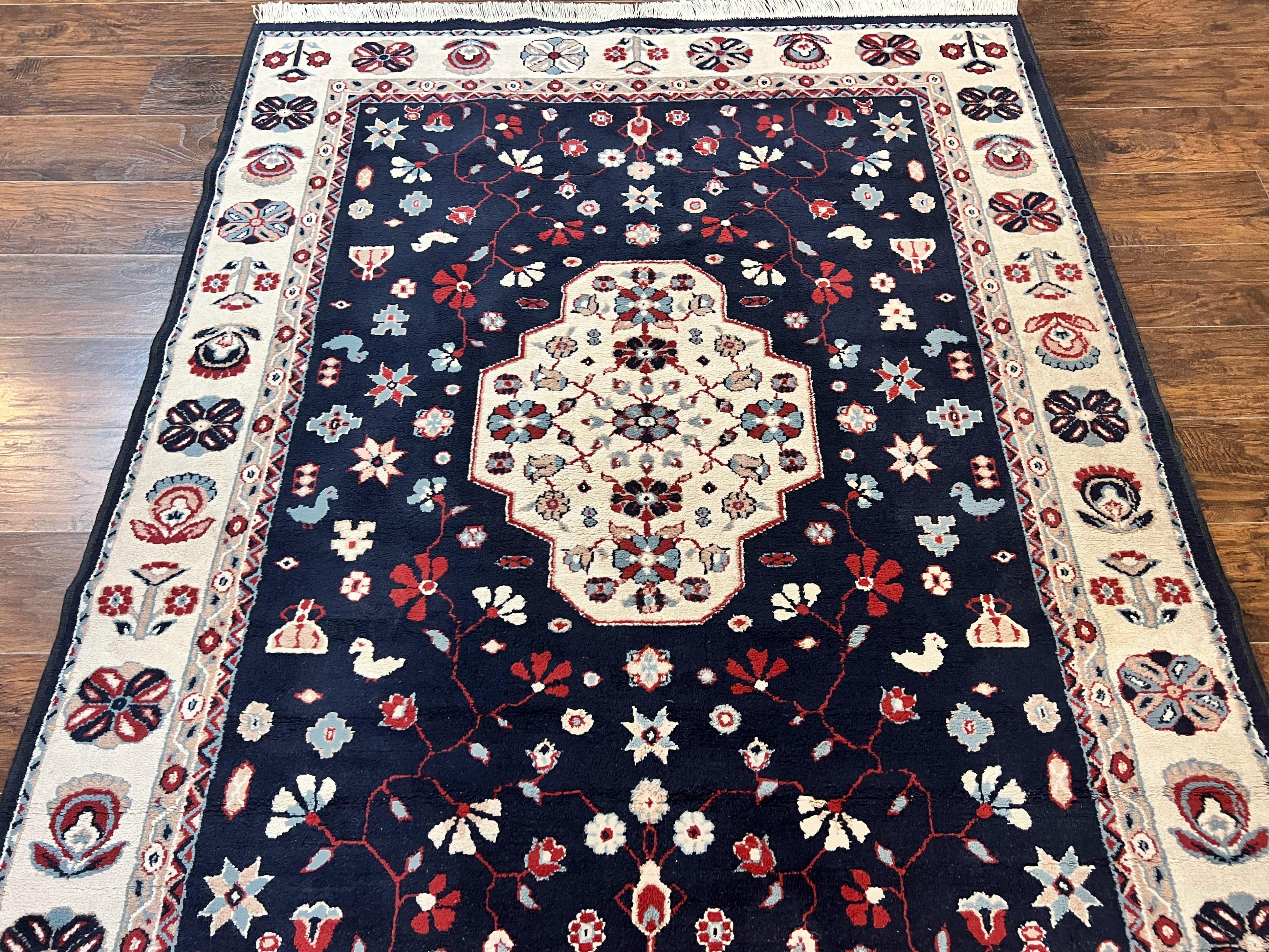 Belgium Power Loomed Rug 5.6 x 7, Navy Blue and Ivory, Heriz Pattern, Vintage Oriental Carpet - Jewel Rugs