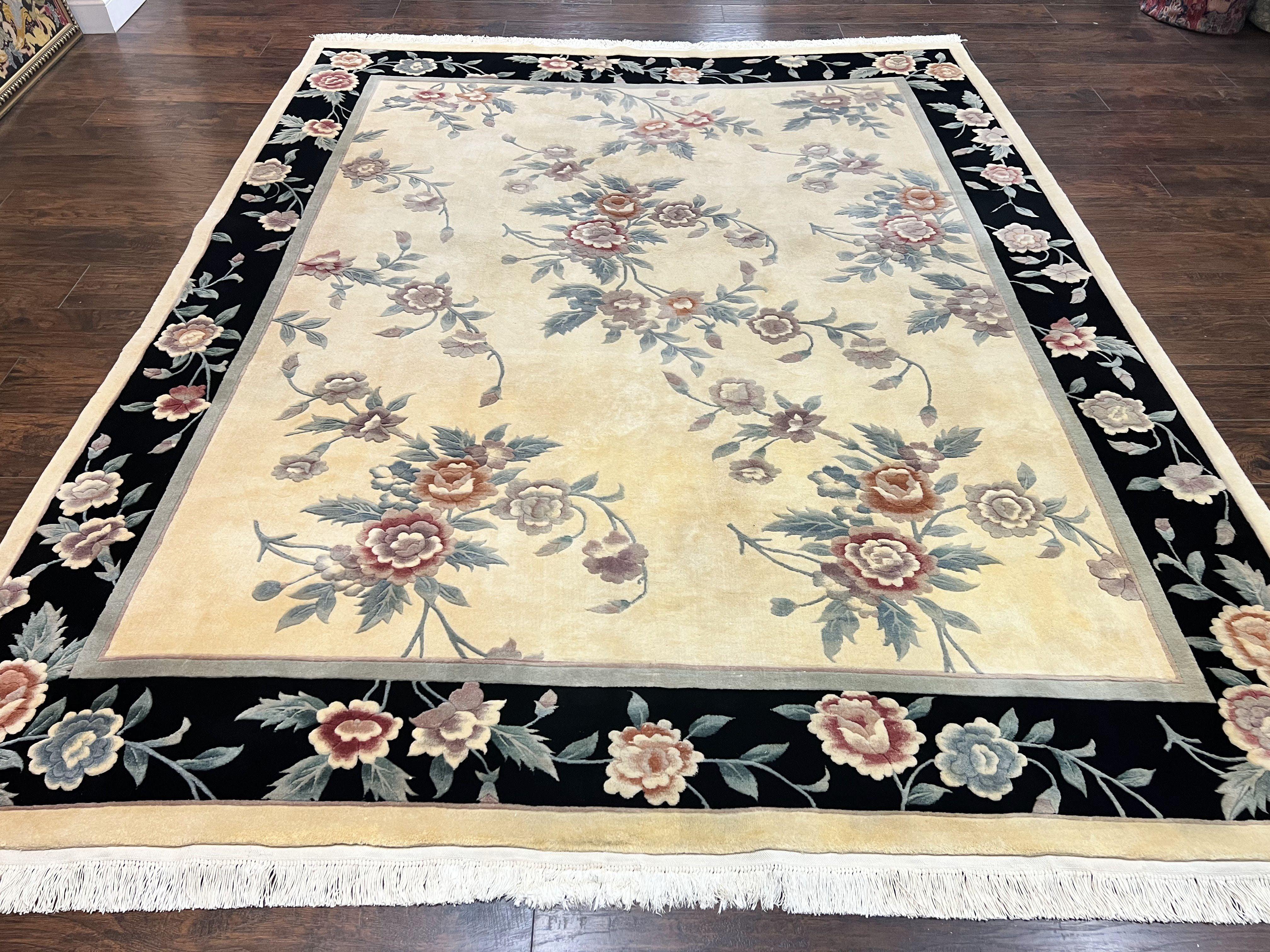 Chinese Wool Rug 8x10, Floral Design, Cream & Black, Art Deco 90 Line Rug 8 x 10, Soft, Handmade Vintage Oriental Carpet - Jewel Rugs
