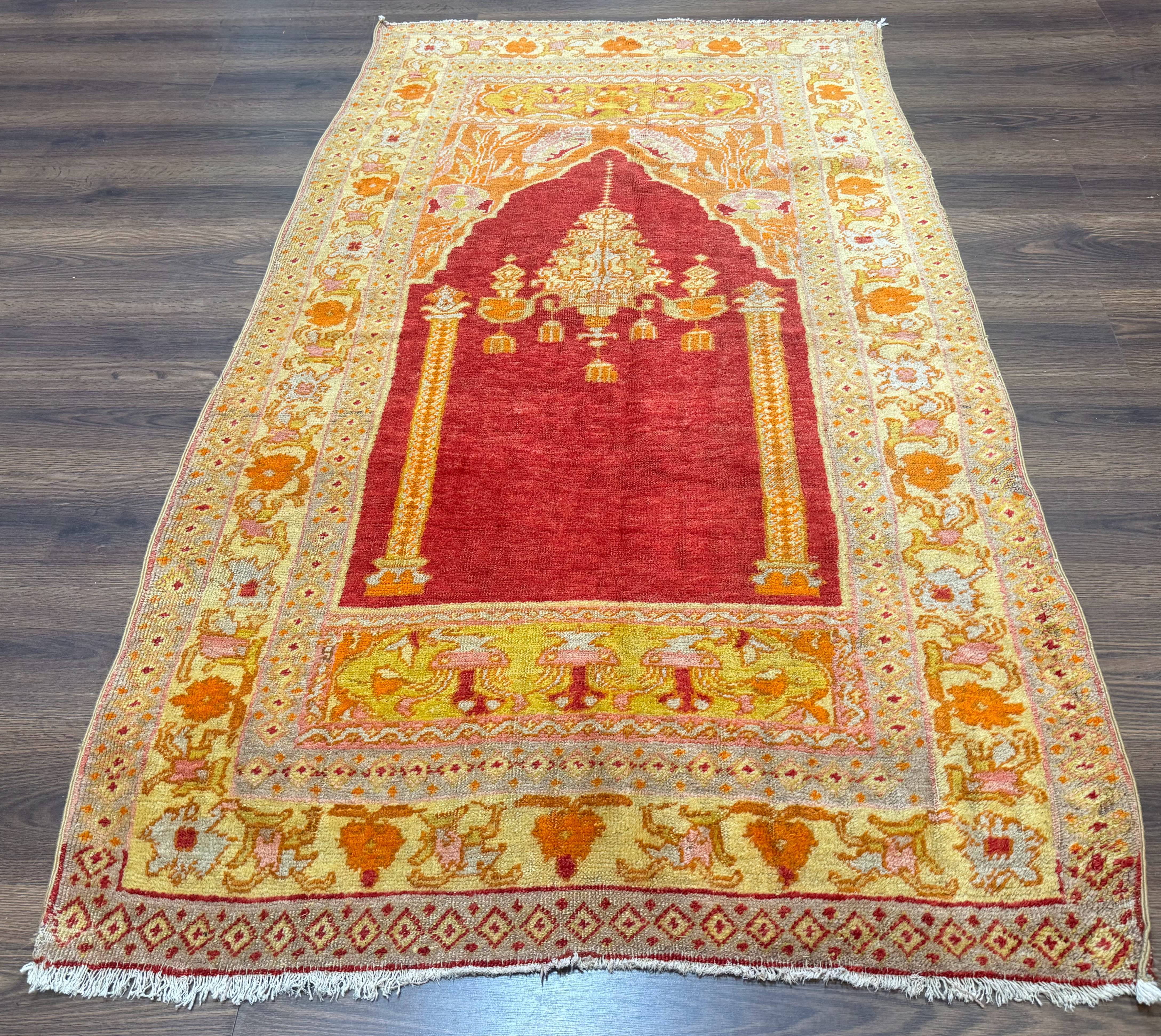 Antique Turkish Prayer Rug 4x6, Red and Golden Mustard, Mihrab Design, Anatolian Carpet - Jewel Rugs