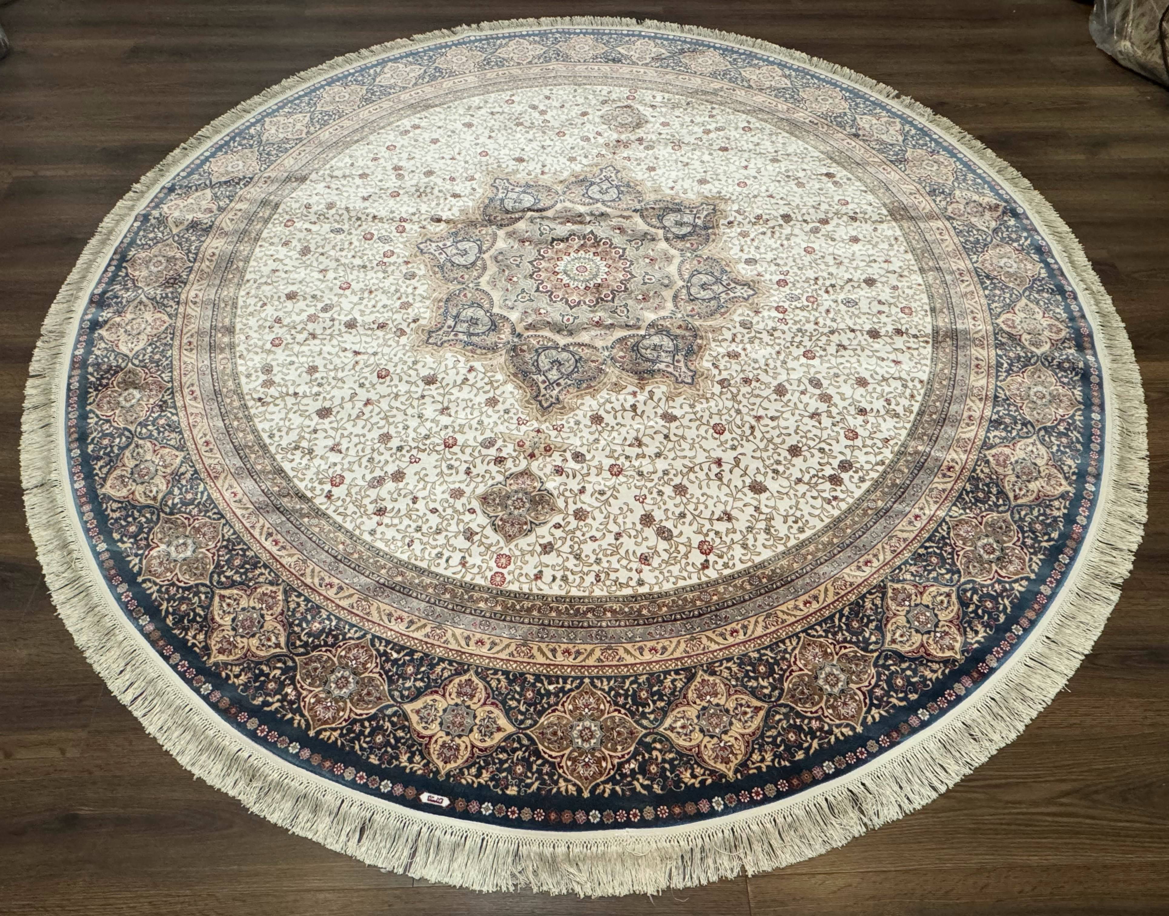 Large Turkish Round Silk Rug 8x8 ft, Floral Medallion, Ivory & Navy Blue, Bamboo Silk, New - Jewel Rugs