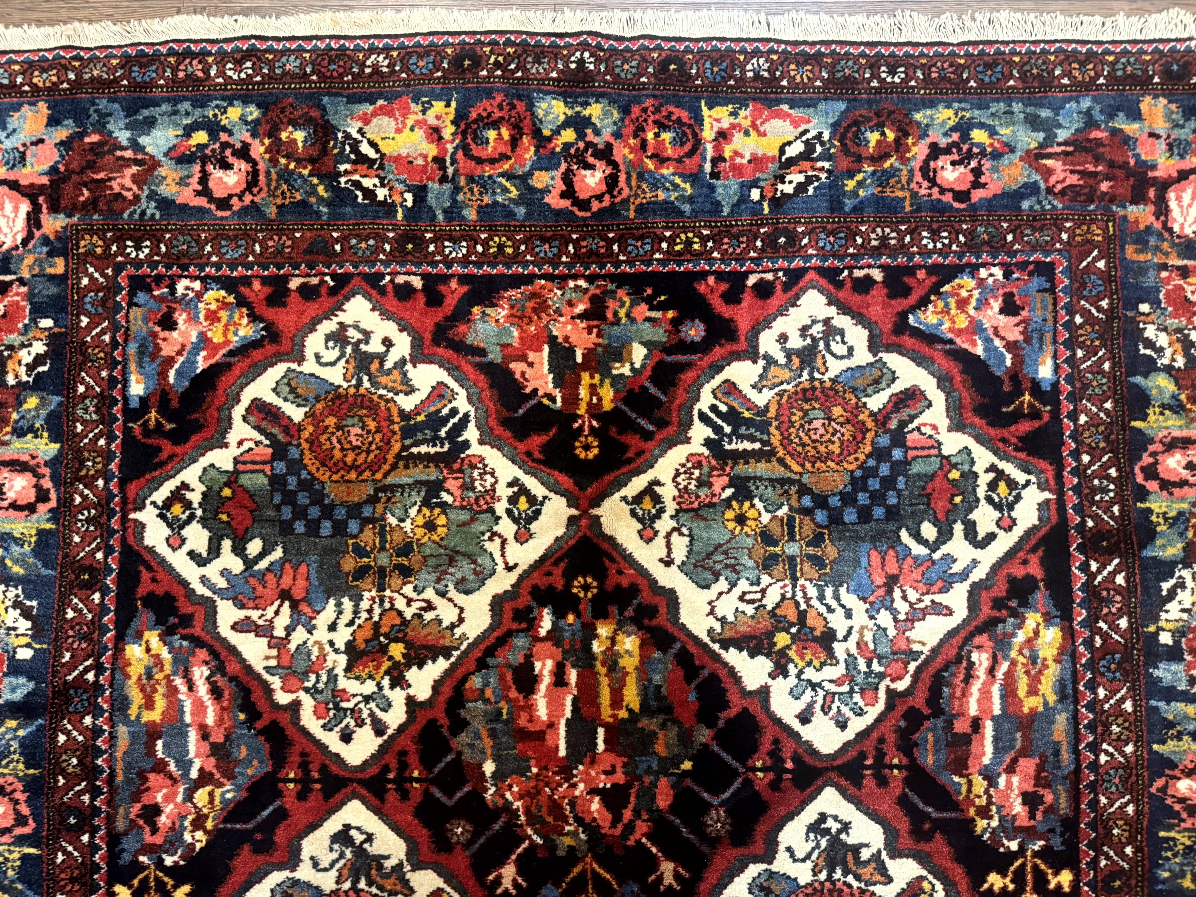 Persian Bakhtiari Rug 5x12, Wide Runner Rug, Unique Size, Multicolor Panel Design, Navy Blue Ivory, Antique Persian Rug, Colorful - Jewel Rugs