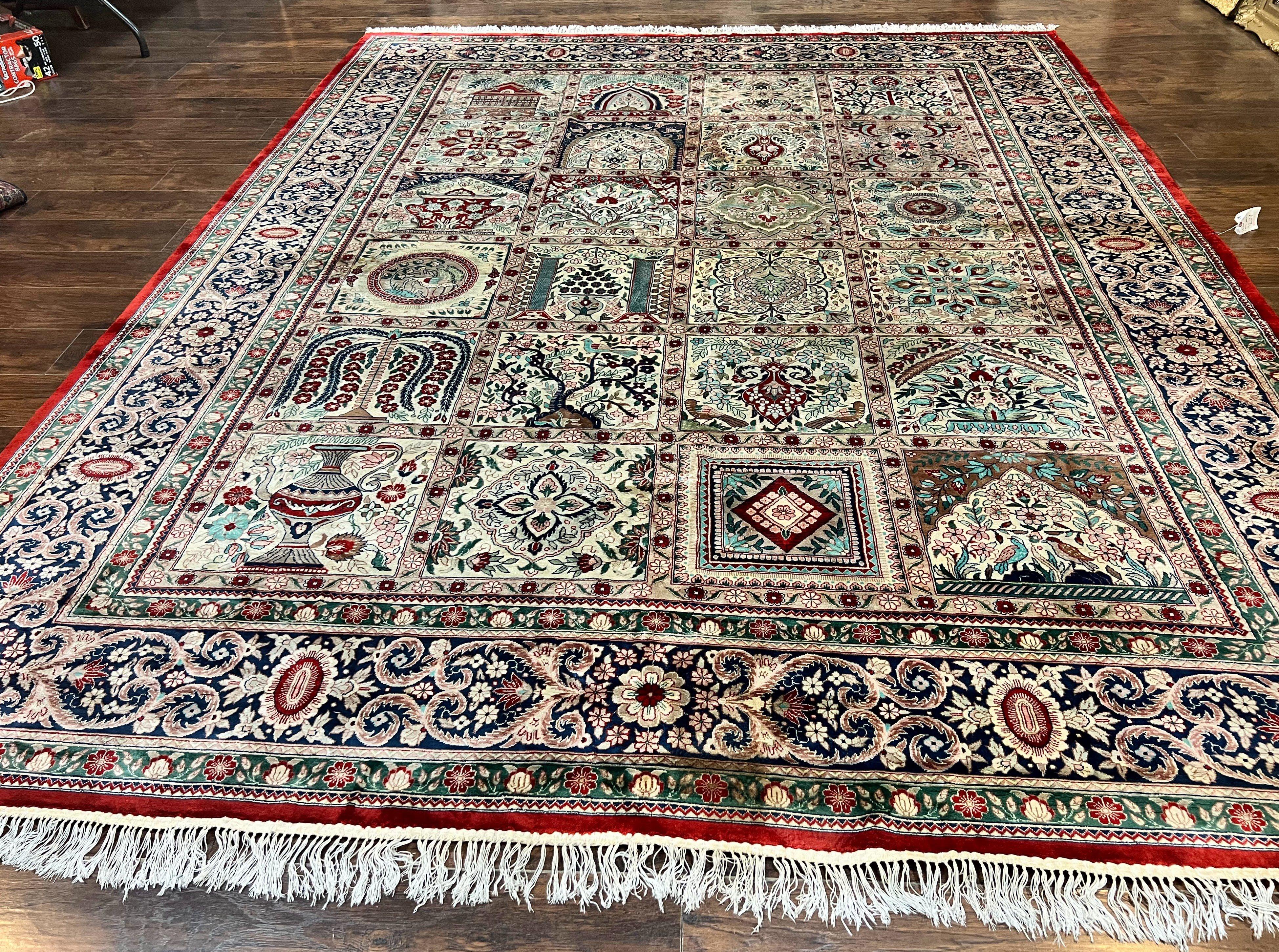 Silk Sino Persian Rug 9x12, Panel Design, Garden of Eden Pattern, Fine 200 KPSI, Hand Knotted Room Sized Silk Carpet, Vintage - Jewel Rugs