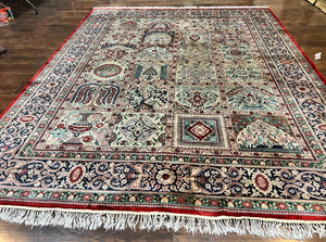 Silk Sino Persian Rug 9x12, Panel Design, Garden of Eden Pattern, Fine 200 KPSI, Hand Knotted Room Sized Silk Carpet, Vintage