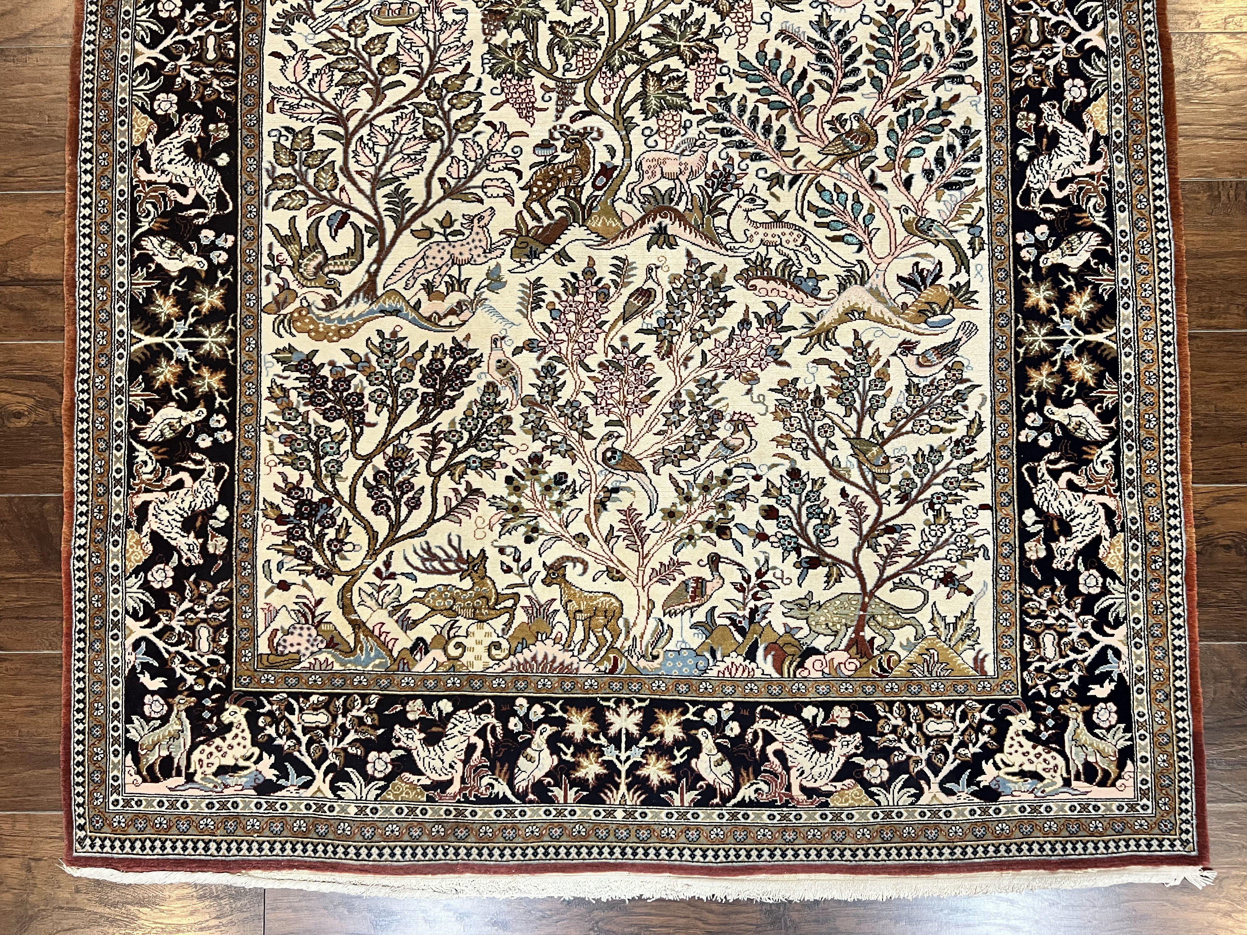 Persian Qum Tree of Life Rug 5x7, Wool and Silk Highlights, Animal Motifs, Vintage Hand Knotted Handmade Cream & Black Fine Oriental Carpet - Jewel Rugs