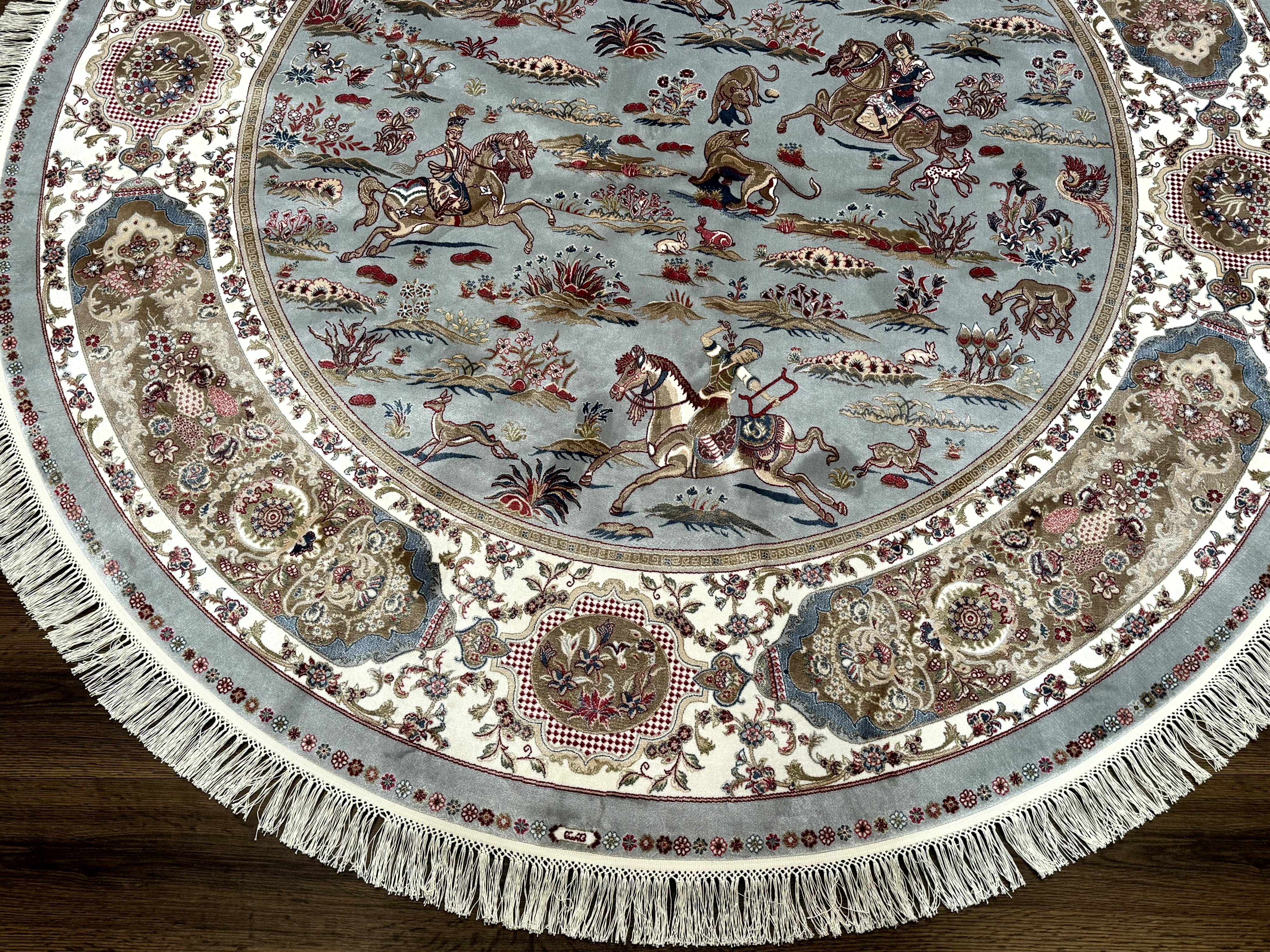 Round Silk Rug 6x6, Hunting Design, Bamboo Silk, Animal Pictorials - Jewel Rugs