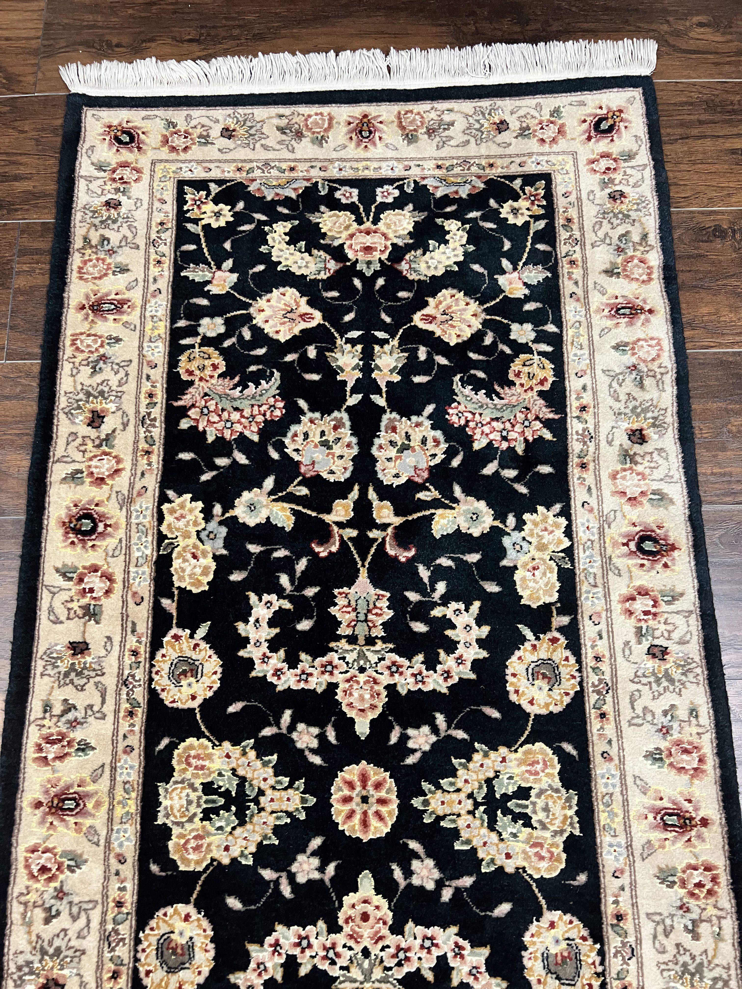 Sino Persian Short Runner Rug 2.7 x 6, Wool and Silk Highlights Black and Beige Handmade Vintage Floral Allover Oriental Carpet, Hallway Rug - Jewel Rugs