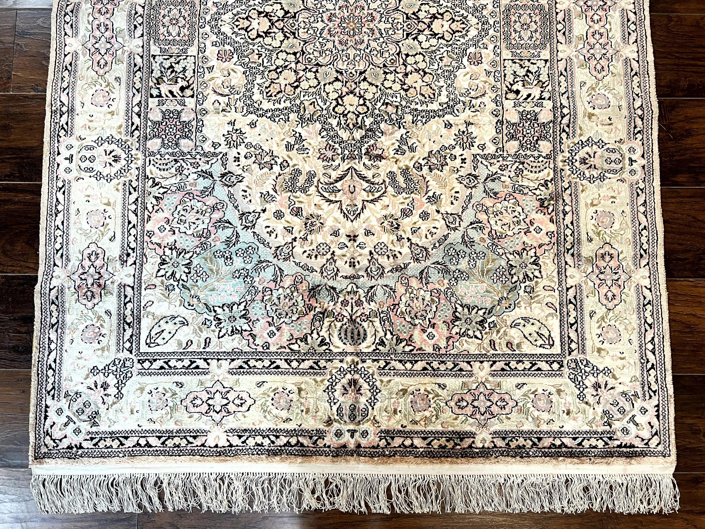 Silk Indian Kashmiri Rug 4x6, Handmade Vintage Silk Carpet, Ivory and Multicolor, Detailed Fine 240 KPSI - Jewel Rugs