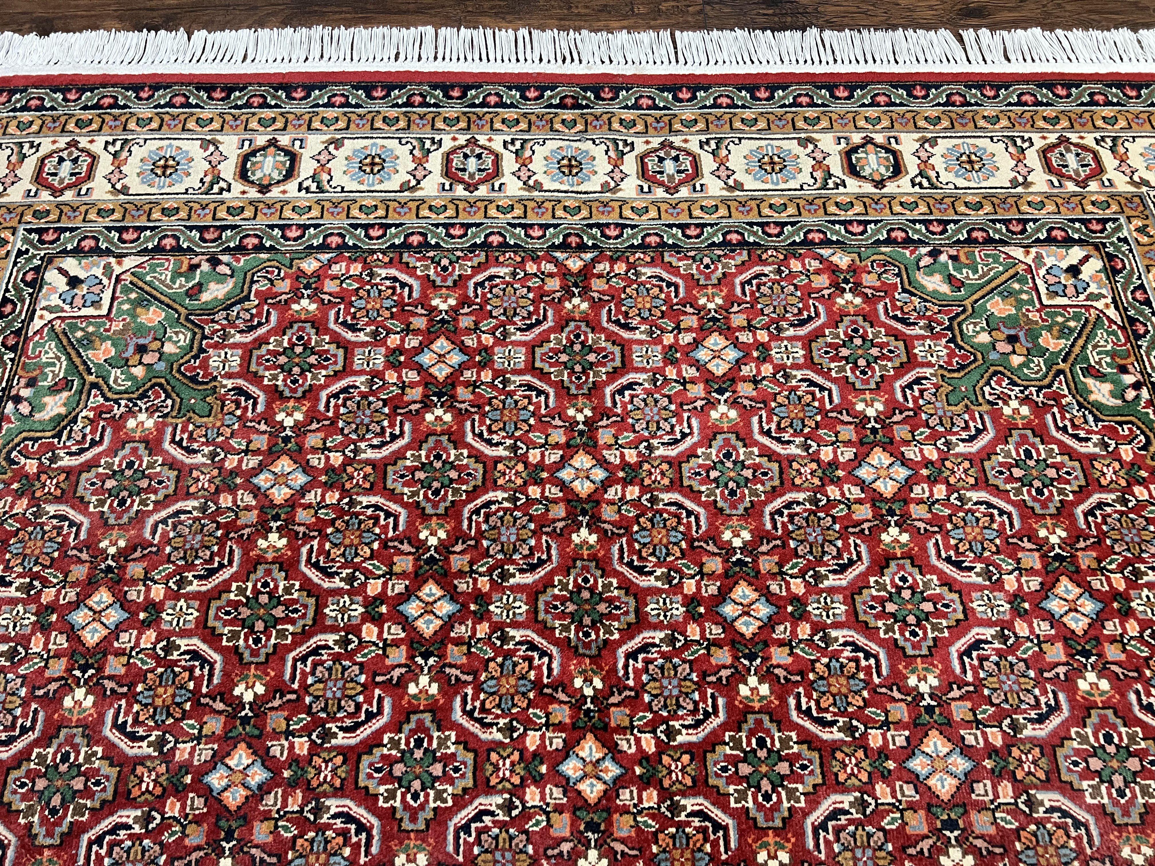 Persian Tabriz Rug 7x10, Wool Hand Knotted Vintage Carpet, Red Green & Cream, Herati Pattern, 7 x 10 Room Sized Oriental Rug - Jewel Rugs