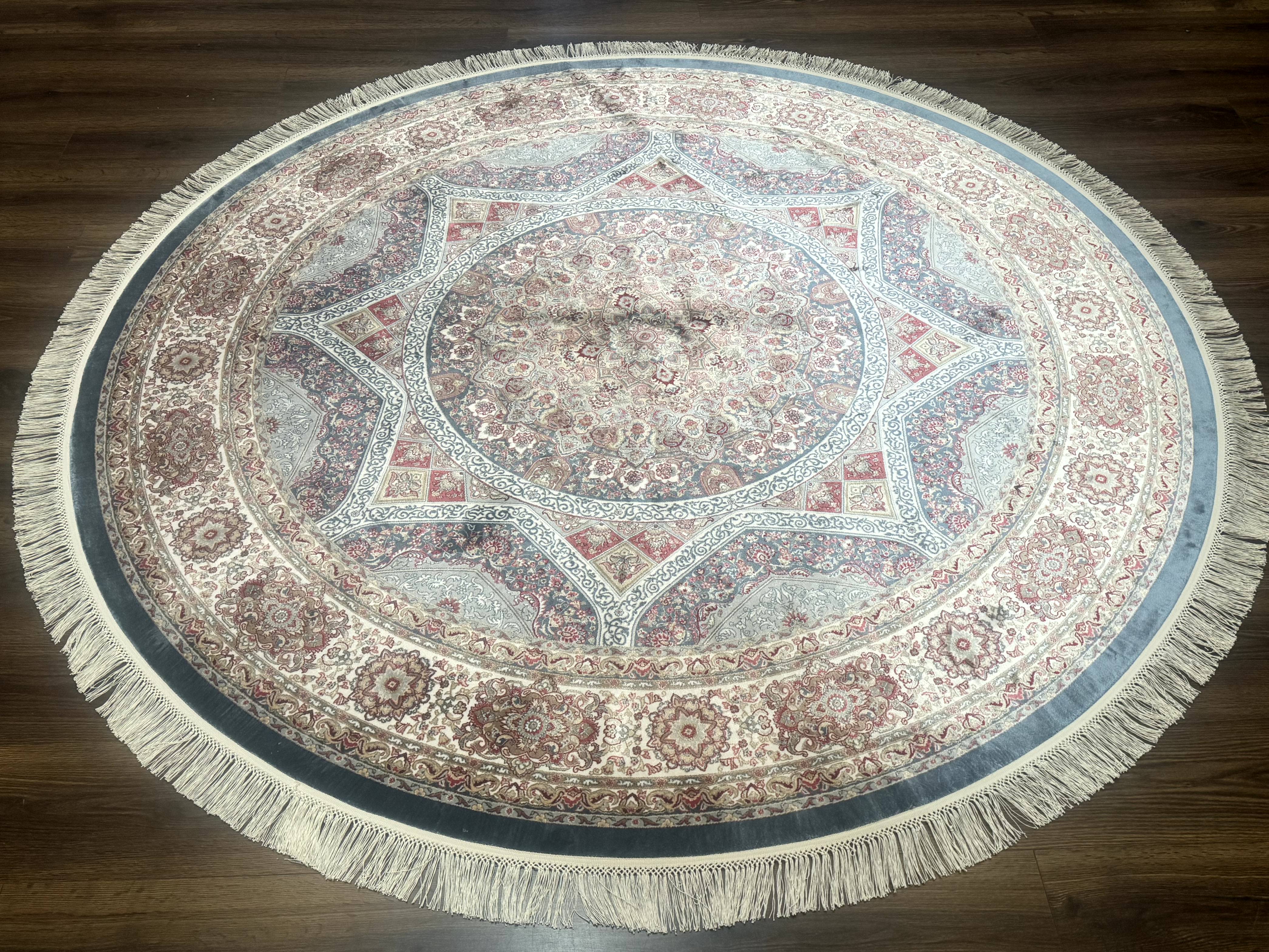 Round Silk Rug 6x6, Blue and Ivory, Turkish Silk Carpet, Bamboo Silk - Jewel Rugs