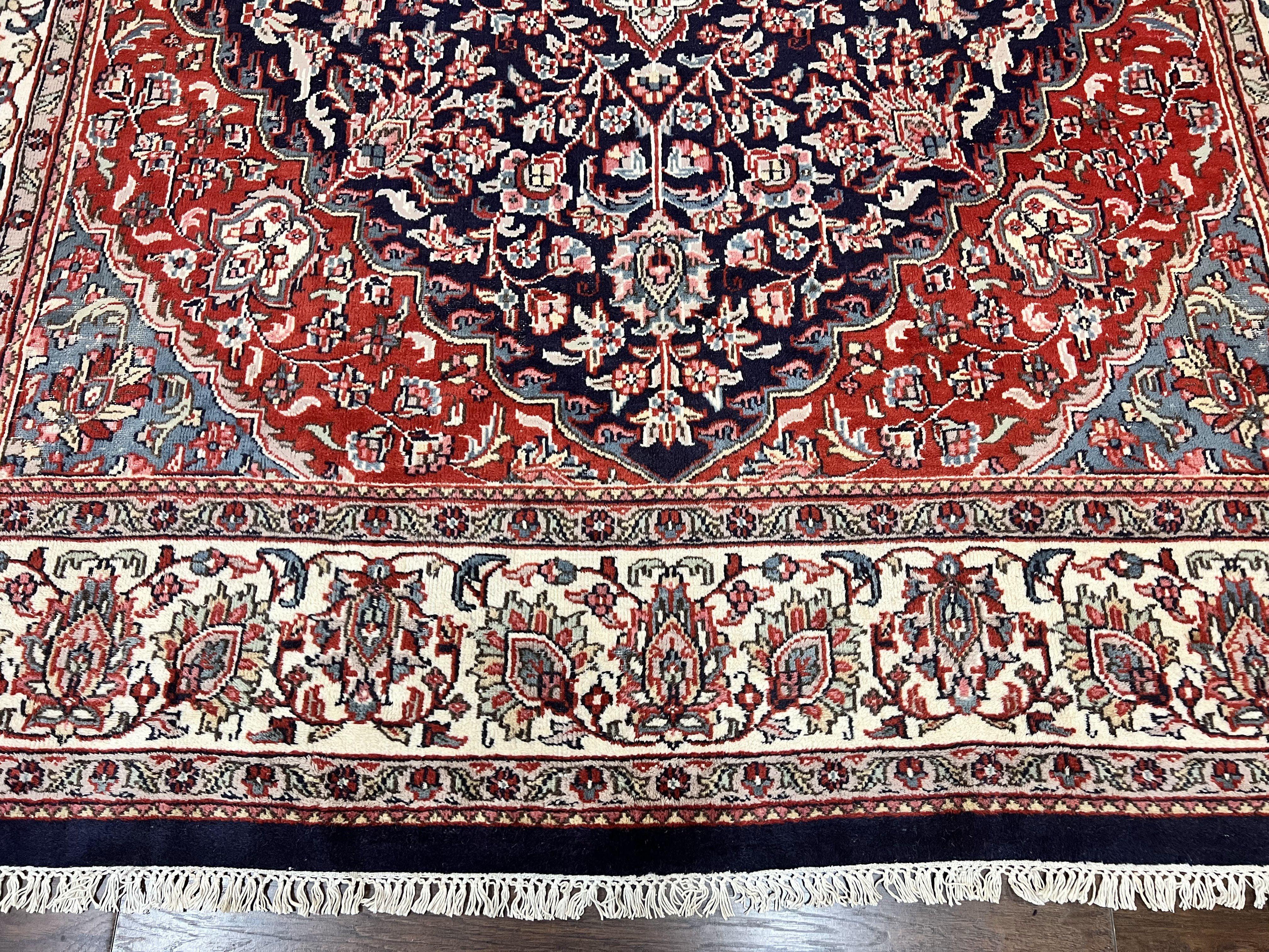 Indo Persian Rug 10x15, Floral Allover, Handmade Vintage Wool Carpet, Dark Blue Ivory Red, Palace Size Traditional Rug - Jewel Rugs