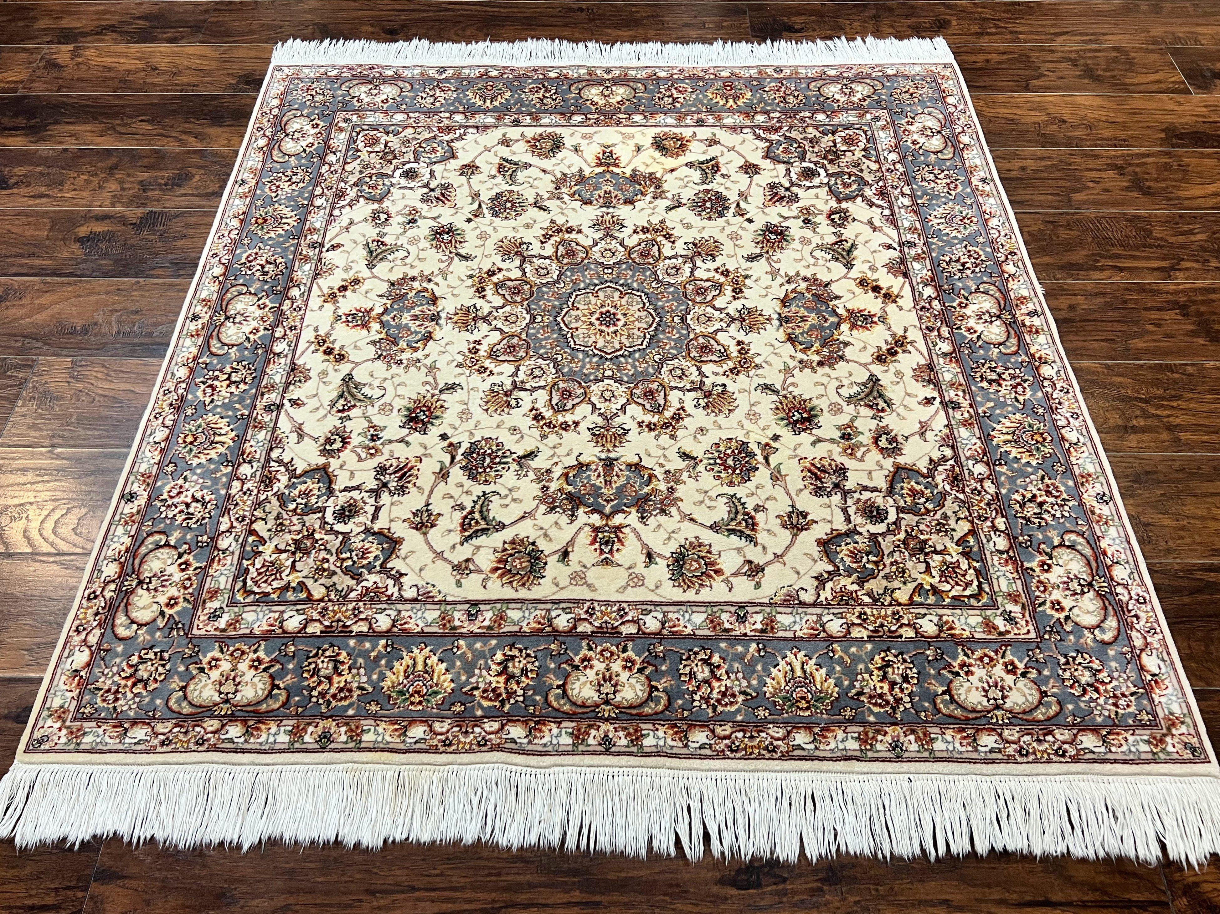 Sino Persian Square Rug 5x5, Very Fine Oriental Carpet, Wool & Silk Highlights, Ivory, Hand Knotted Handmade Vintage Traditional Rug - Jewel Rugs