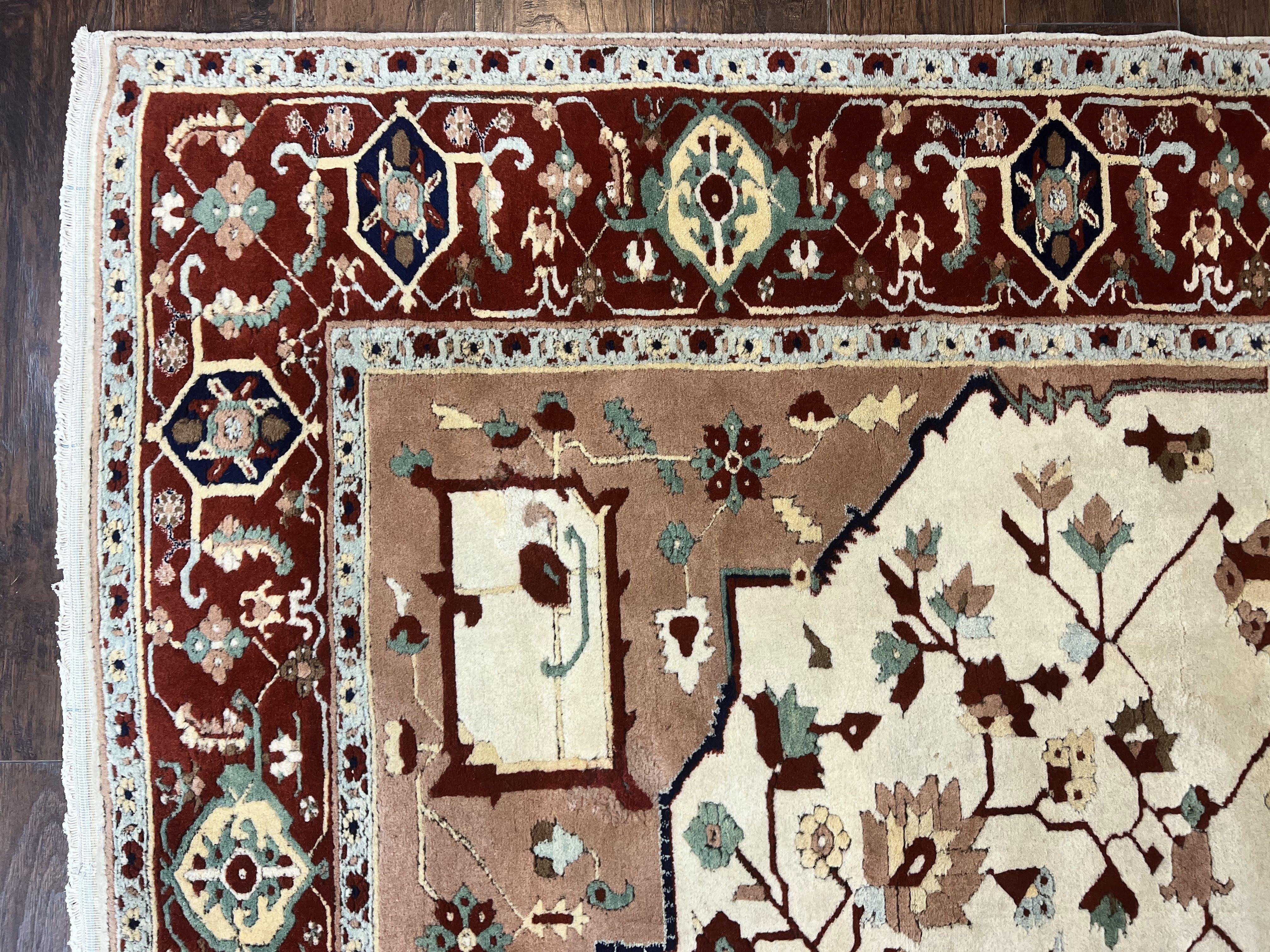 Indo Heriz Rug 9x12, Geometric Indo Persian Room Sized Decorative Area Rug 9 x 12 ft, Cream Navy Blue Pink Handmade Vintage Wool Carpet - Jewel Rugs