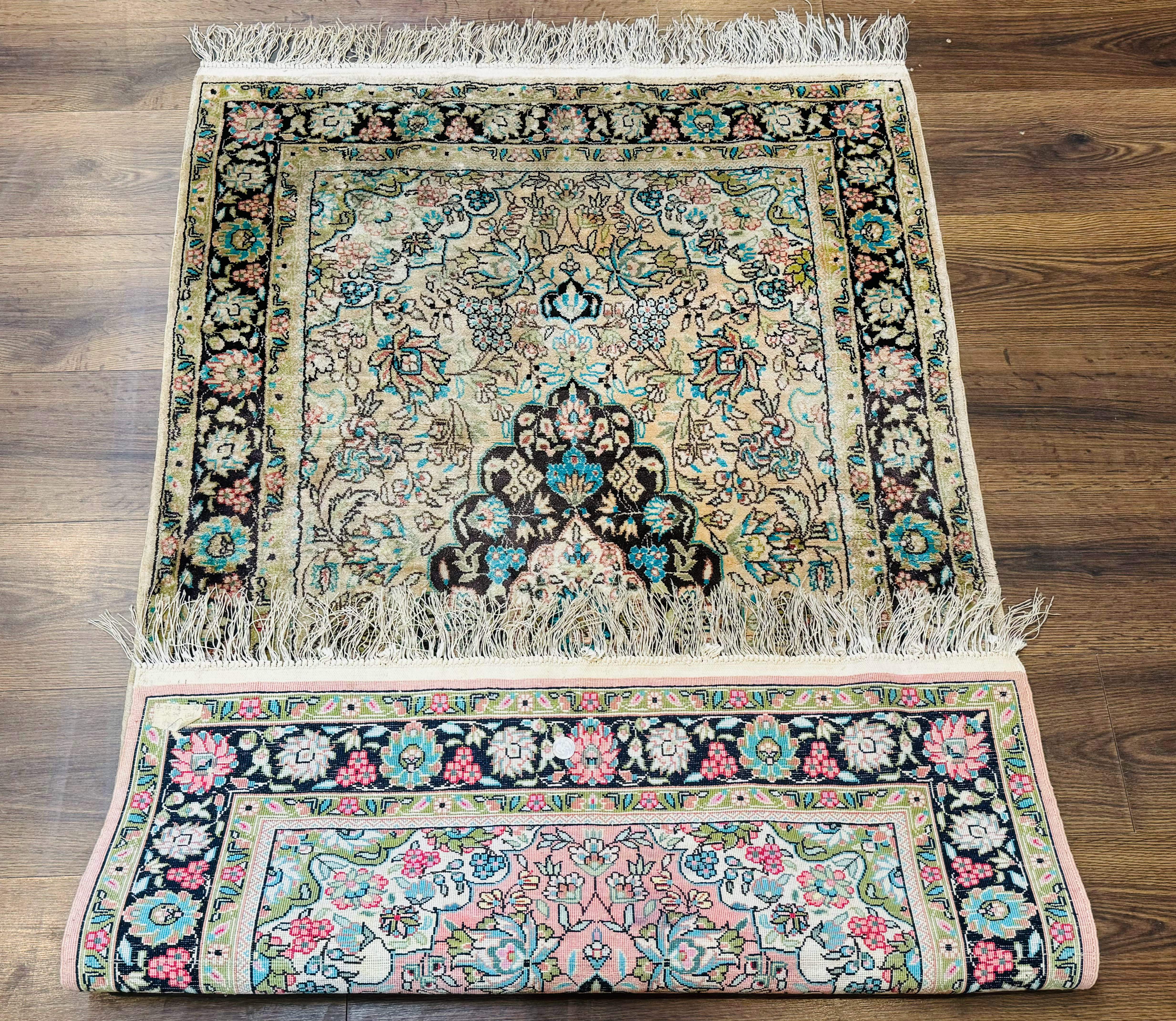 Indian Kashmiri Silk Rug 3x5, Floral Medallion, Fine 200 KPSI - Jewel Rugs