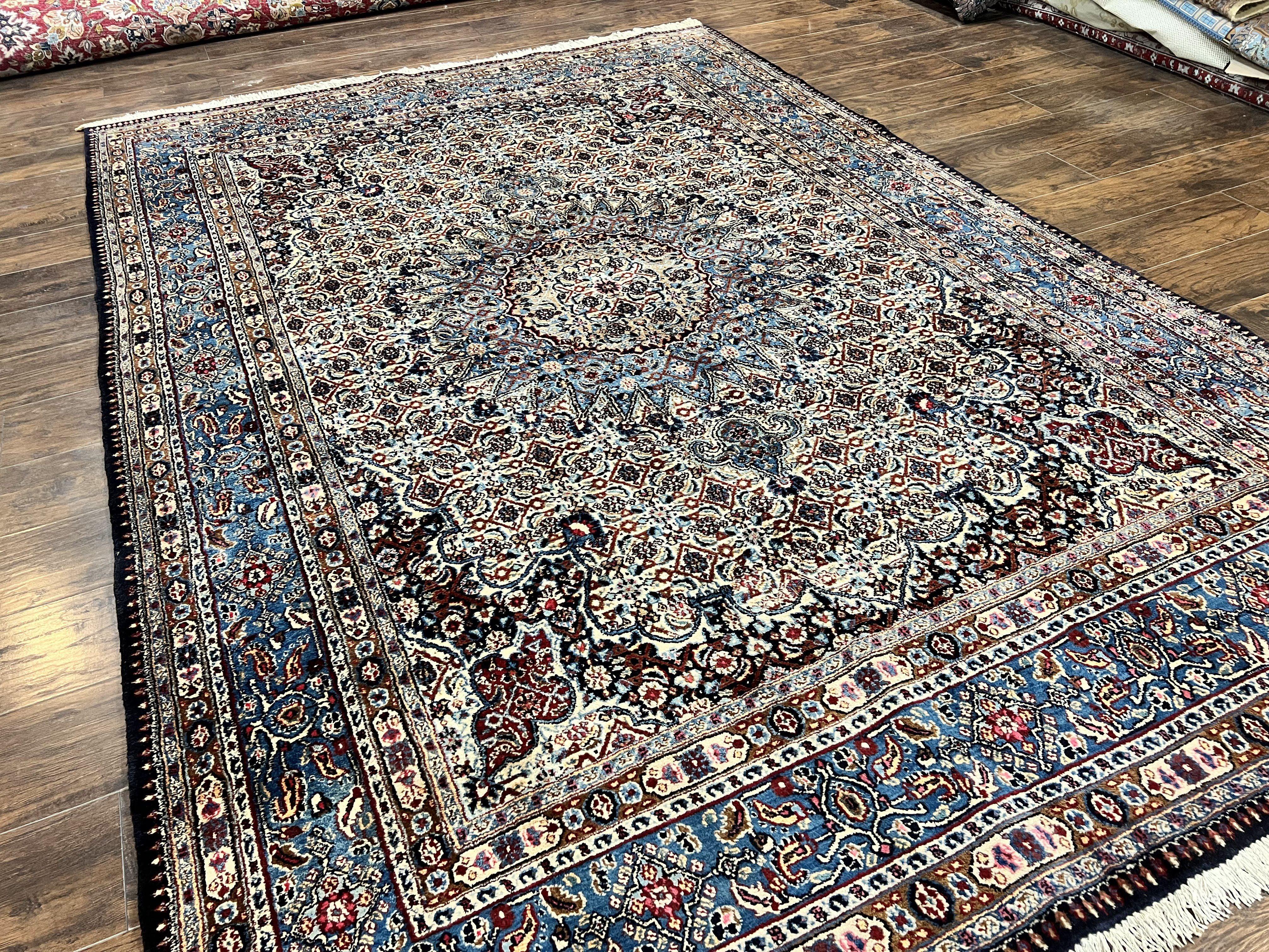 Persian Mashad Rug 7x10, Floral Medallion, Wool Hand Knotted Vintage Oriental Carpet, Blue & Ivory, Traditional Room Sized Rug - Jewel Rugs