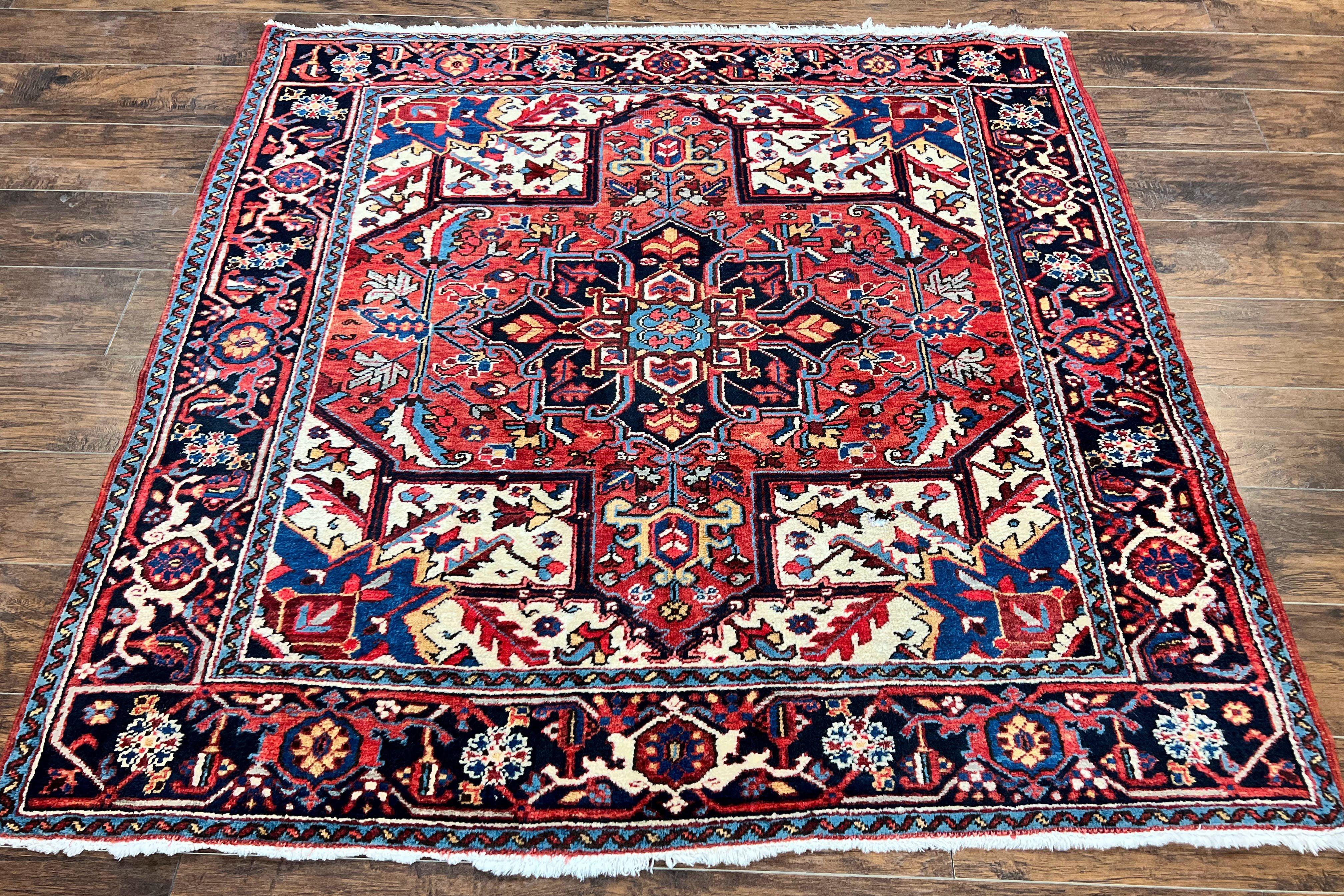 Persian Heriz Square Rug 6x6, Wool Hand Knotted Antique Carpet, Red Ivory & Navy Blue, Geometric Design Oriental Rug 6ft Square Handmade Rug - Jewel Rugs