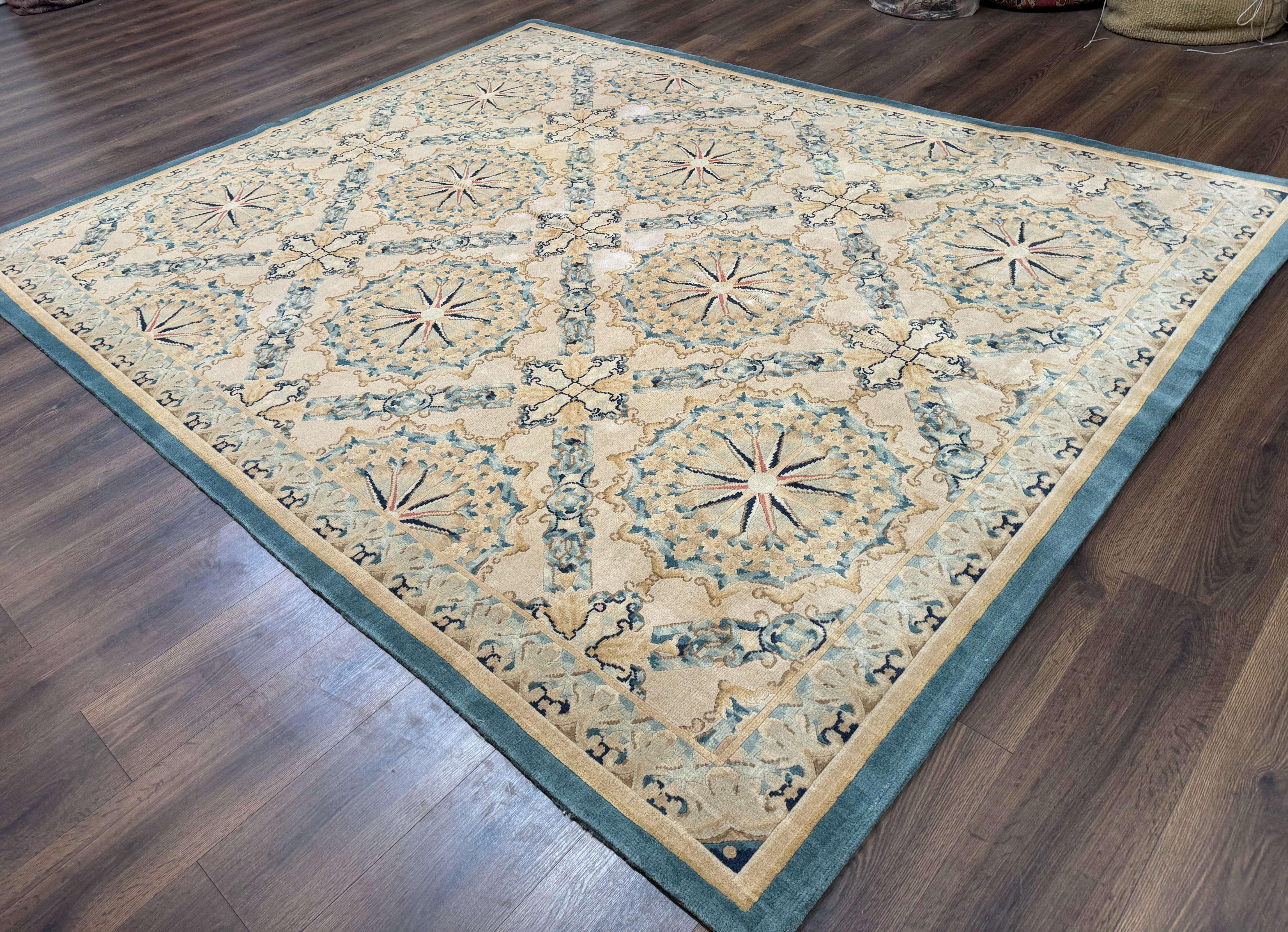 Aubusson Rug 8x10, French European Design, Soft Thick Wool Pile, Off White and Light Blue, Carving Sculpted Rug - Jewel Rugs