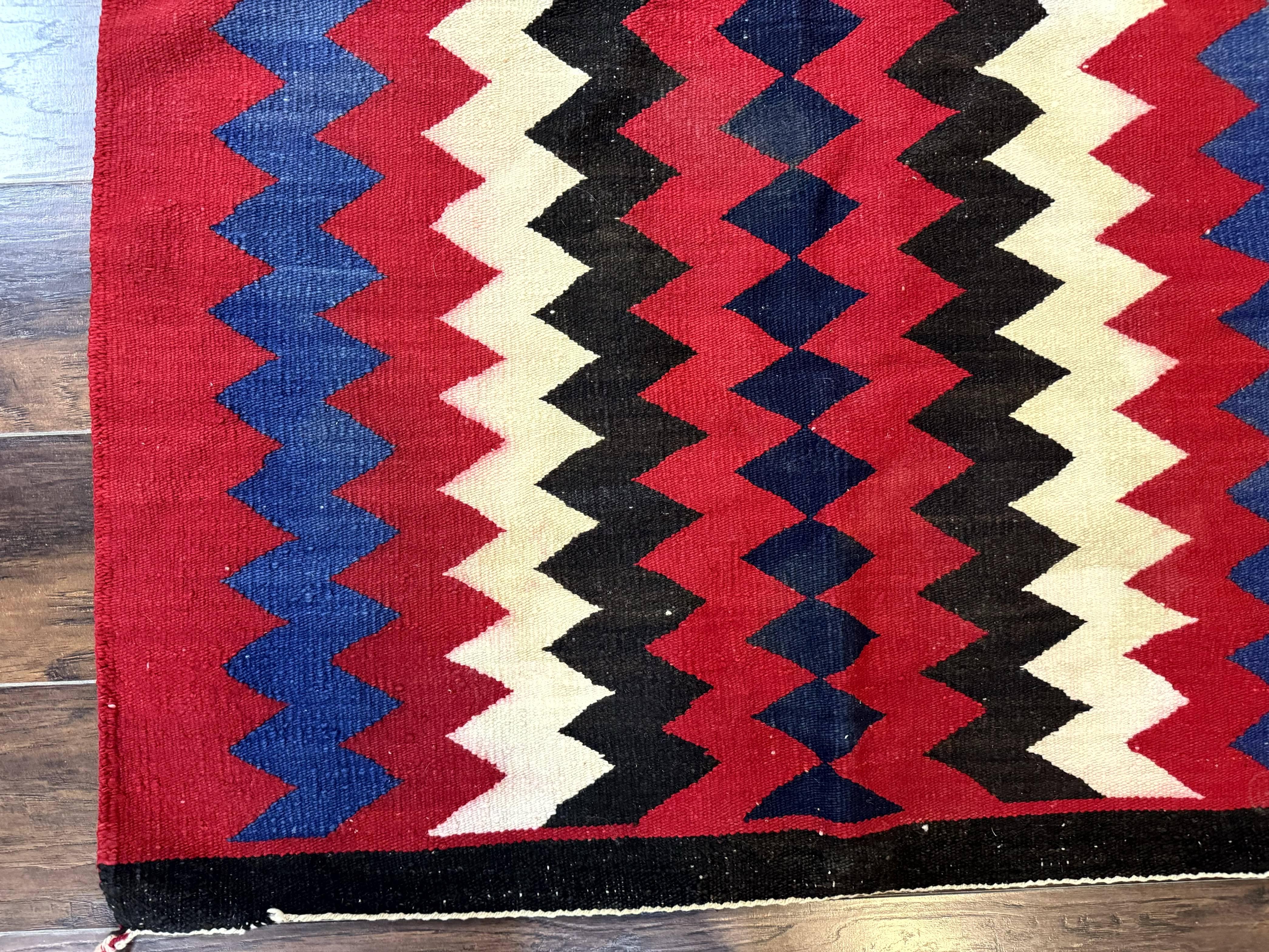 Antique Navajo Rug 3.7 x 2.8, Red Ivory Blue, Zig Zag Pattern, Handmade, Wool - Jewel Rugs
