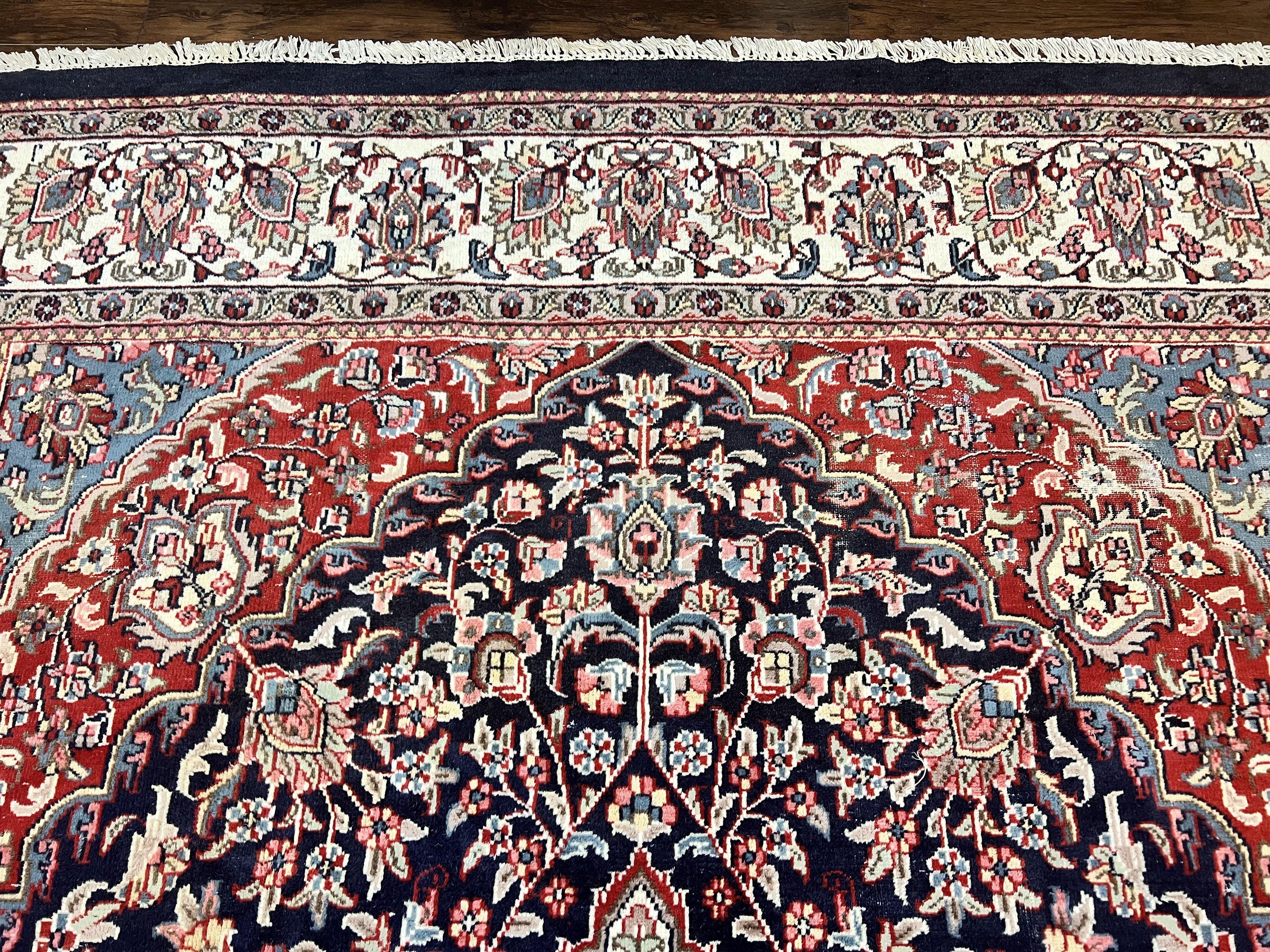 Indo Persian Rug 10x15, Floral Allover, Handmade Vintage Wool Carpet, Dark Blue Ivory Red, Palace Size Traditional Rug - Jewel Rugs