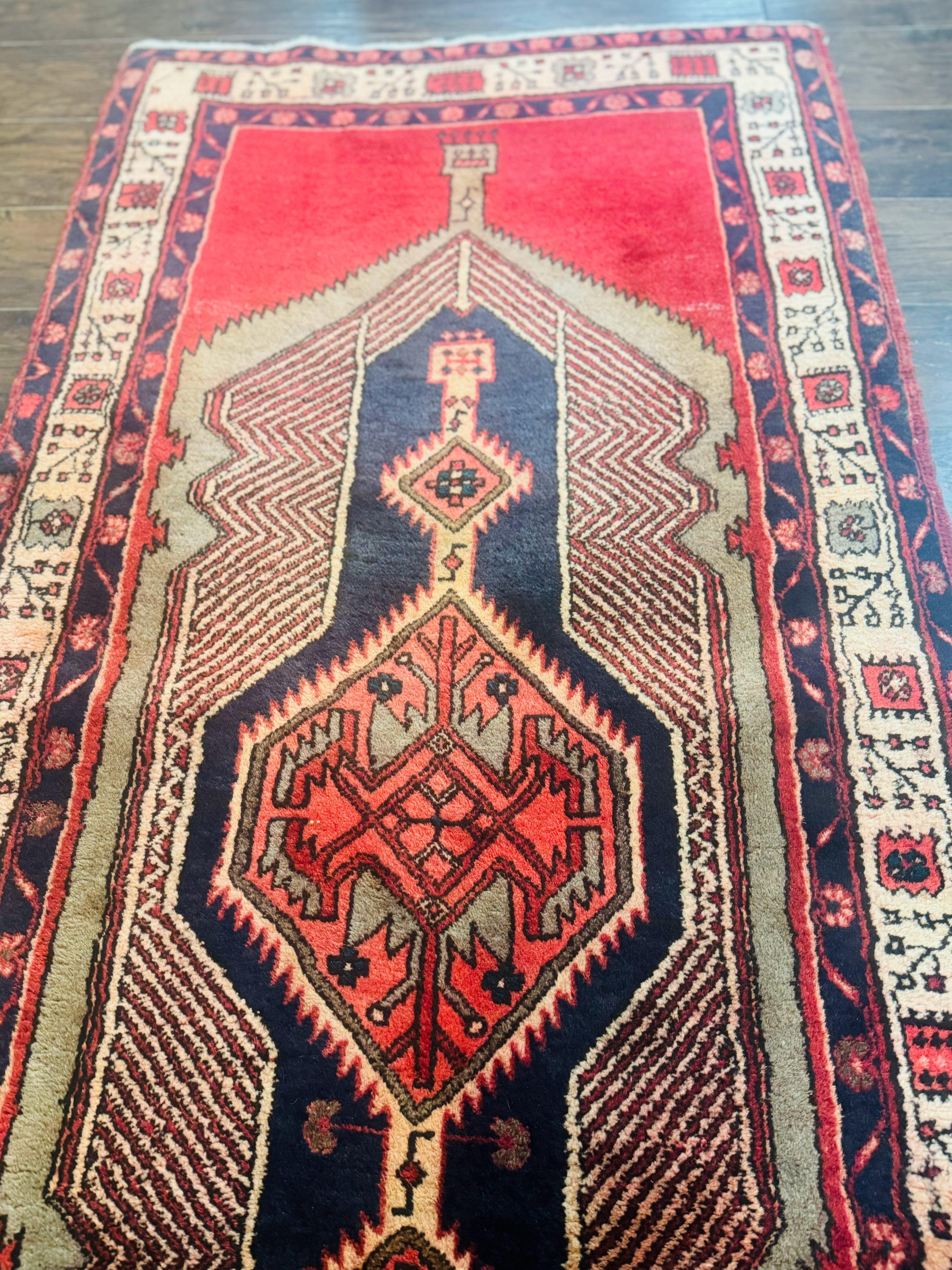 Persian Tribal Runner Rug 3.7 x 13, Red, Geometric Medallions, Sarab Runner, Semi Antique - Jewel Rugs