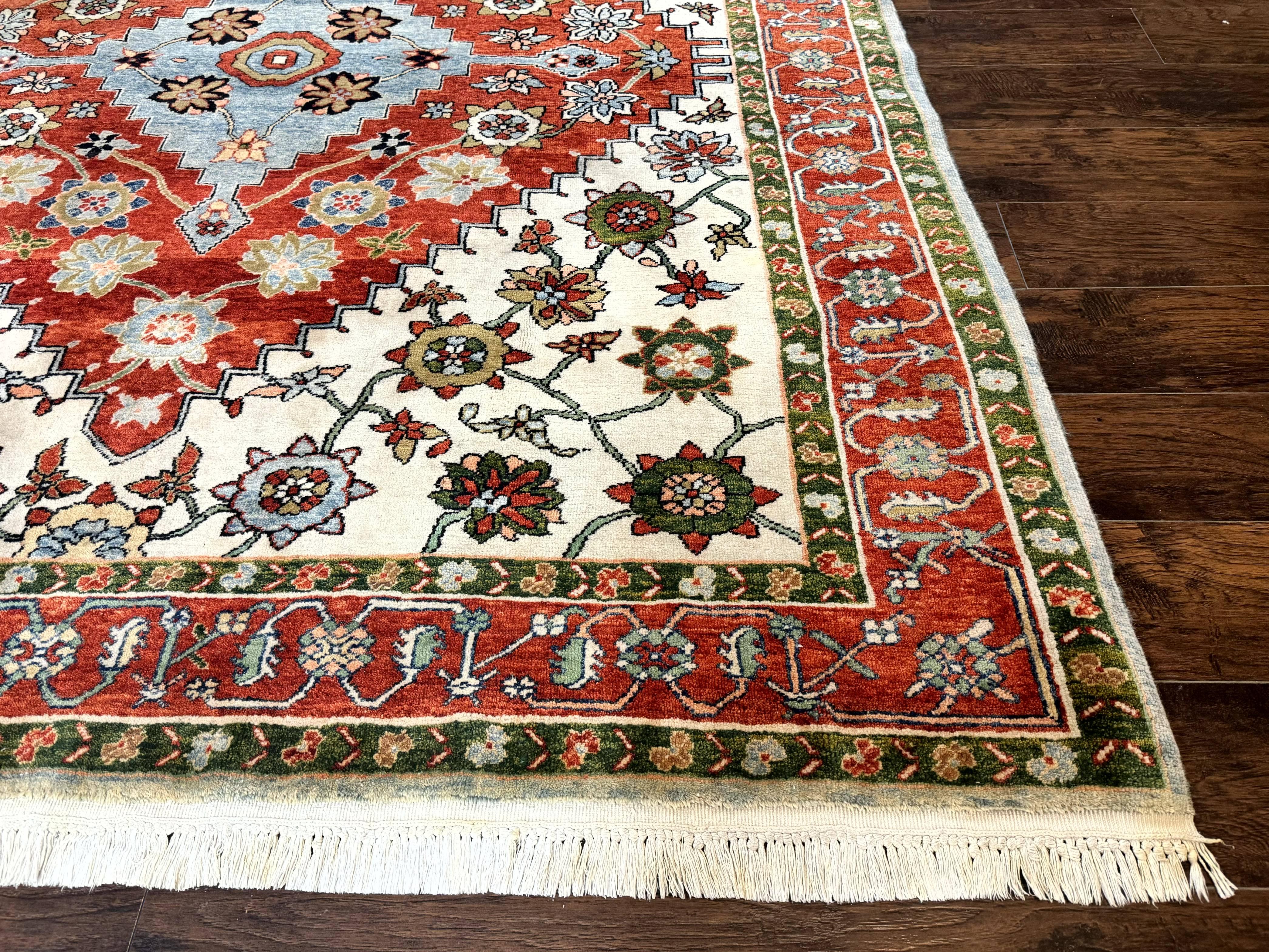 Indo Persian Heriz Rug 7x9, Geometric Pattern, Cream & Light Red, Handmade Vintage Wool Carpet - Jewel Rugs