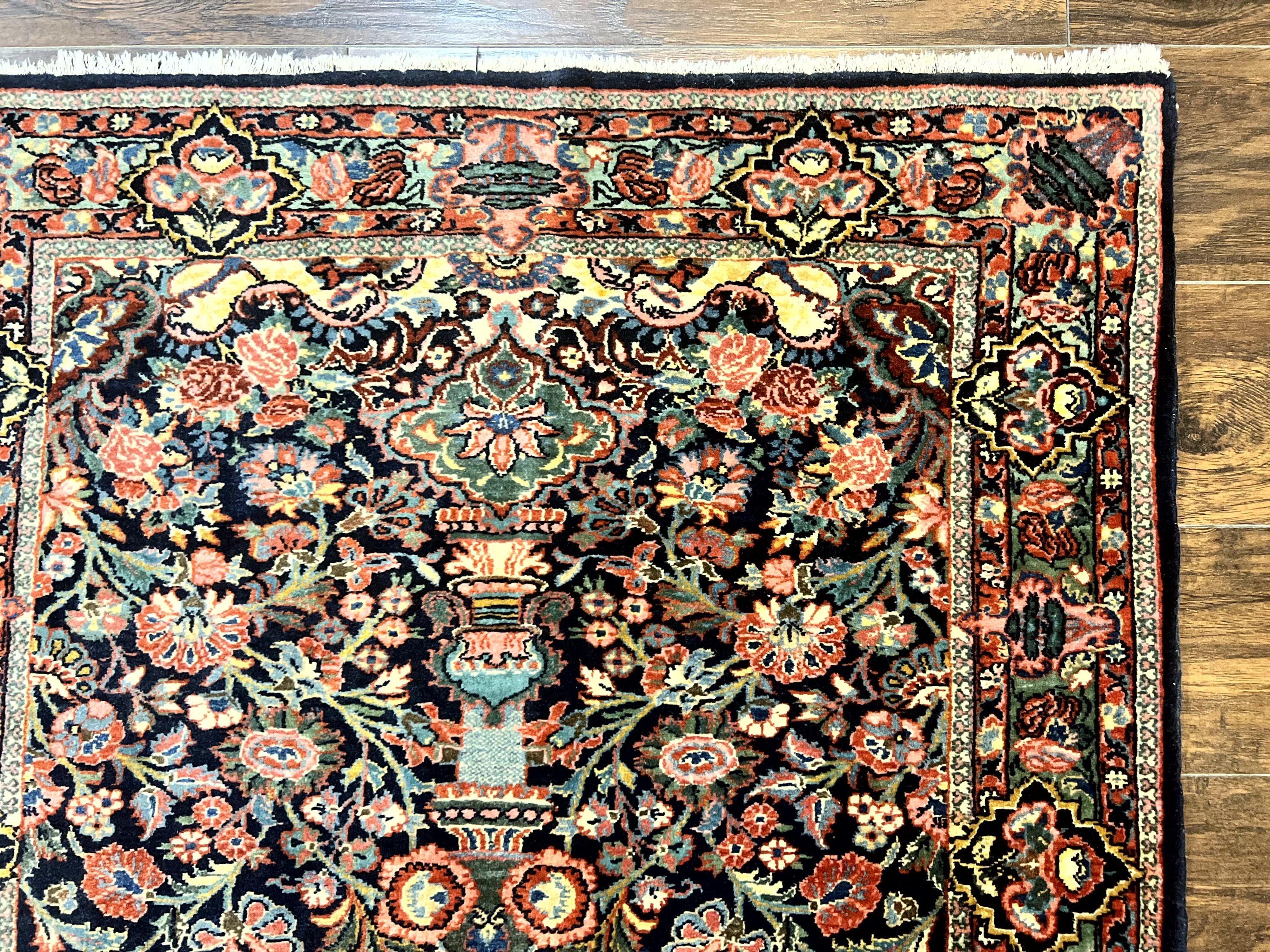 Persian Saoruk Rug 4x5, Navy Blue and Red, Floral, Antique Persian Wool Carpet, Handmade - Jewel Rugs