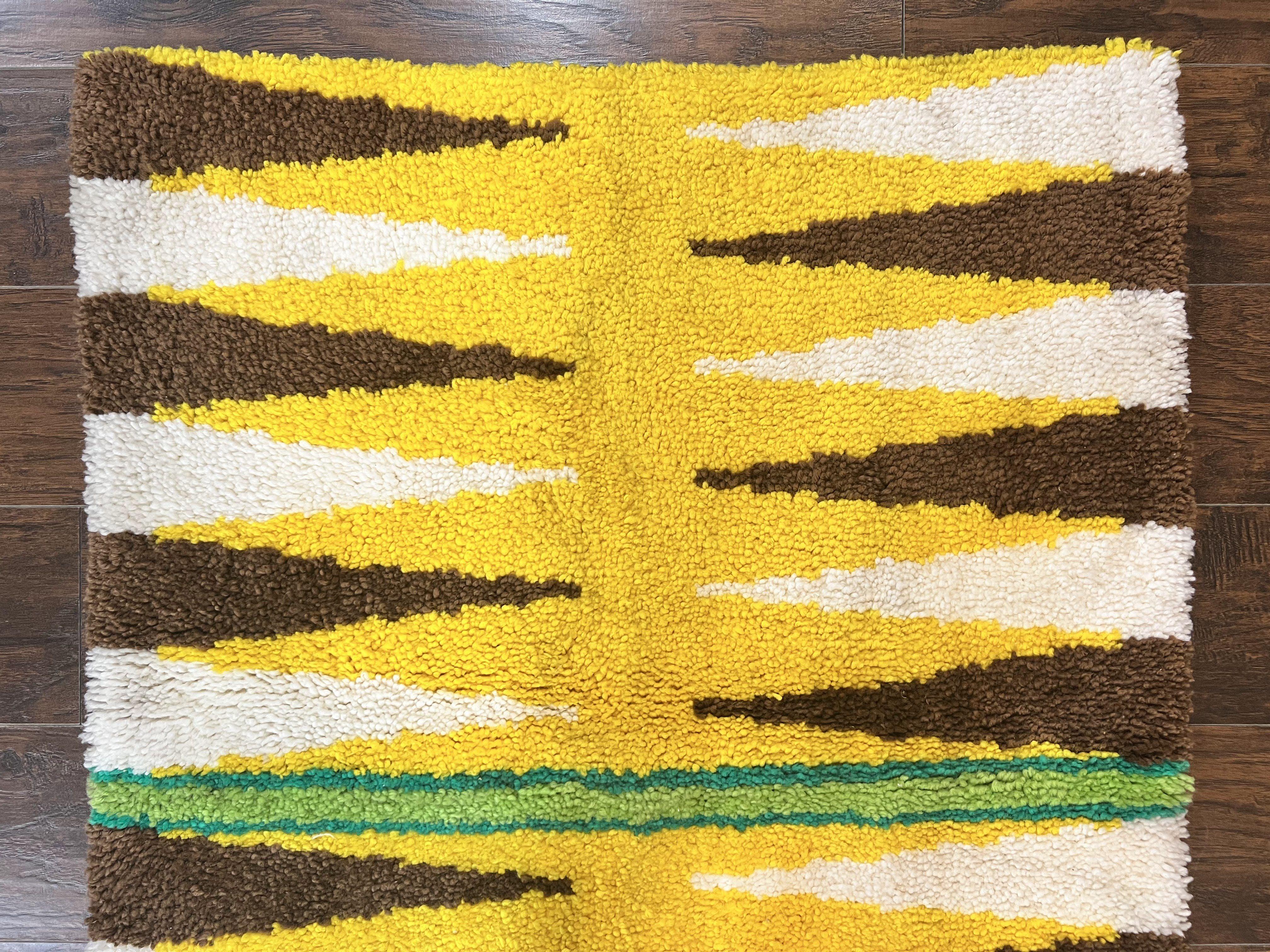 Danish Rya Rug 3x4, Vintage Mid Century Retro Rya Shag Rug, Stripes, Yellow Ivory Brown - Jewel Rugs