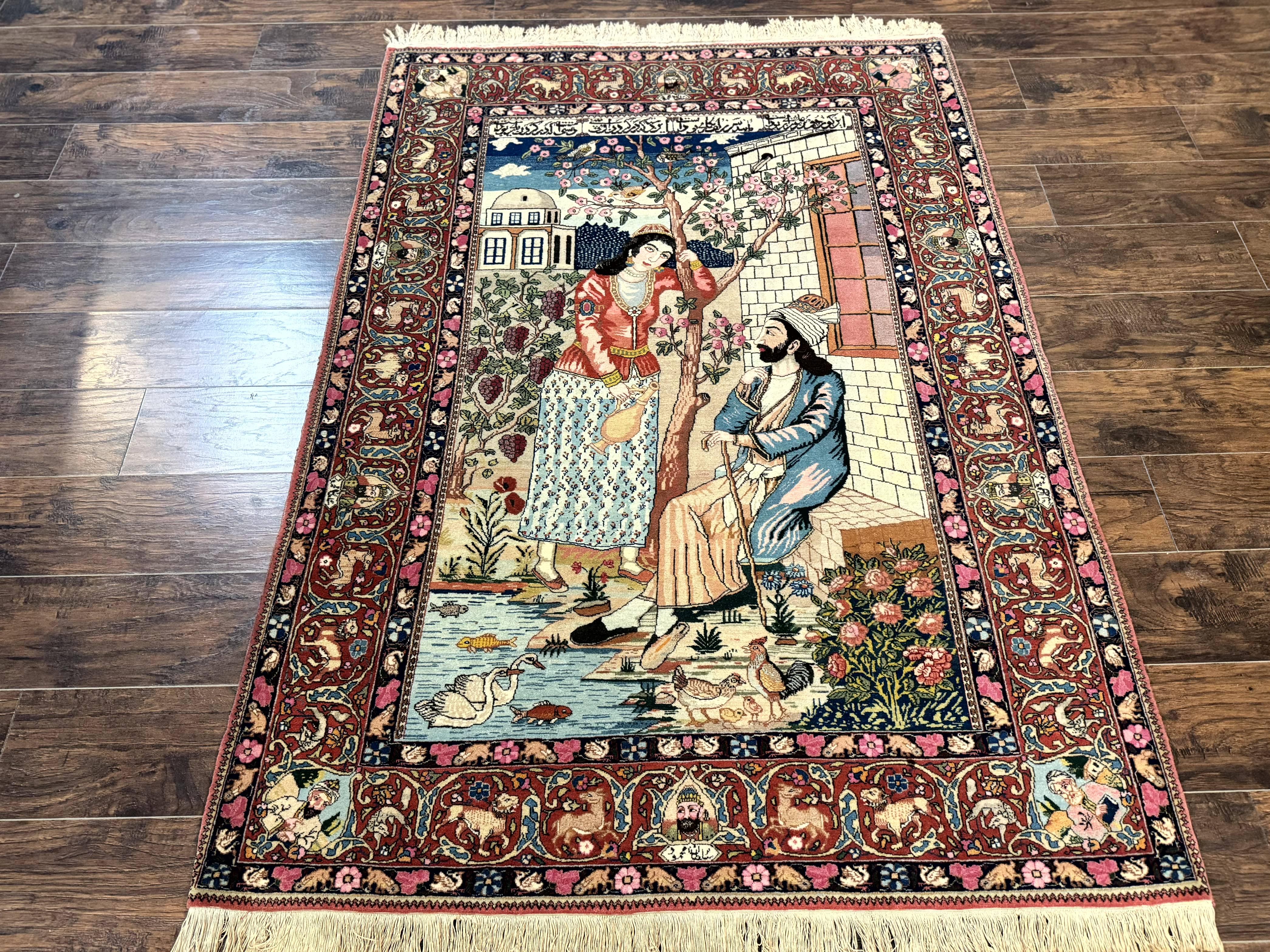 Wonderful Persian Kashan Pictorial Rug 4.7 x 6.5, Persian Rug for Wall Hanging, Handmade Antique Wool Carpet Animal Motifs Poetry Lovers, 240 KPSI - Jewel Rugs